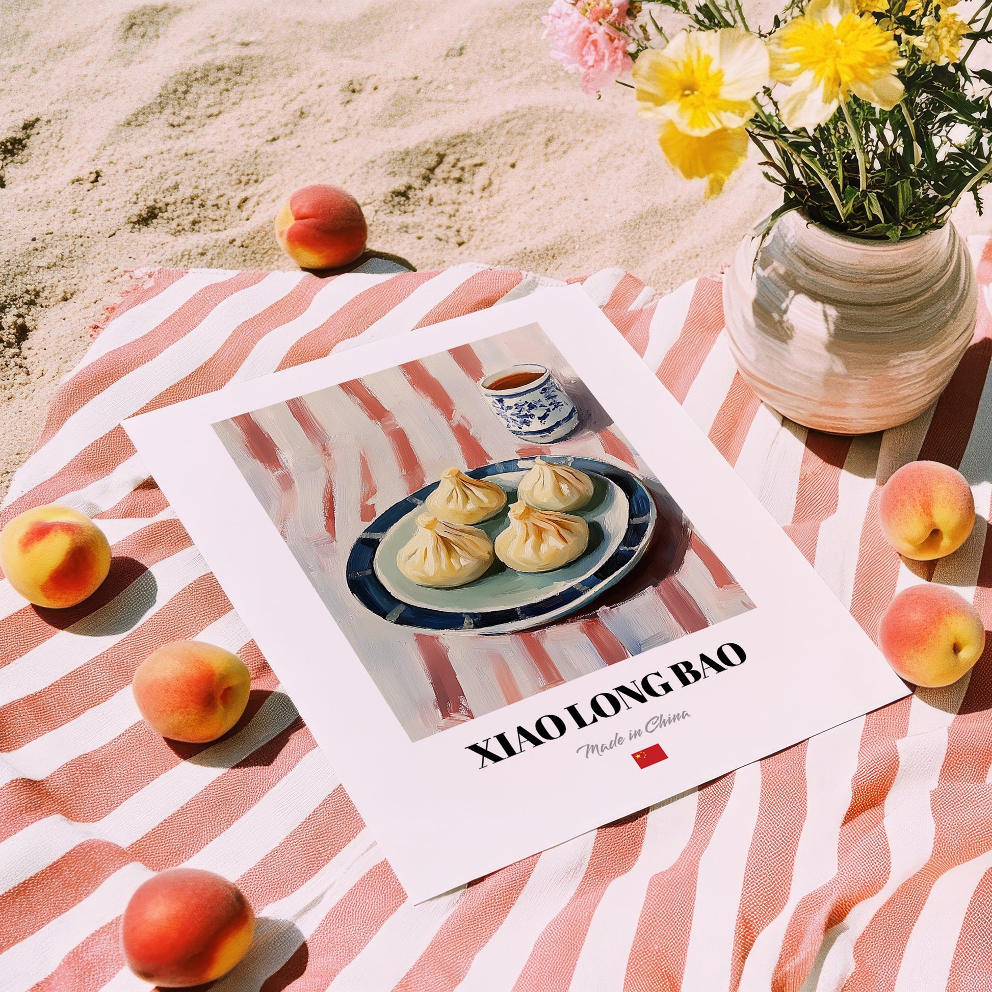 Xiao Long Bao – on Striped Tablecloth, Chinese Food Painting, unframed on coastal sand