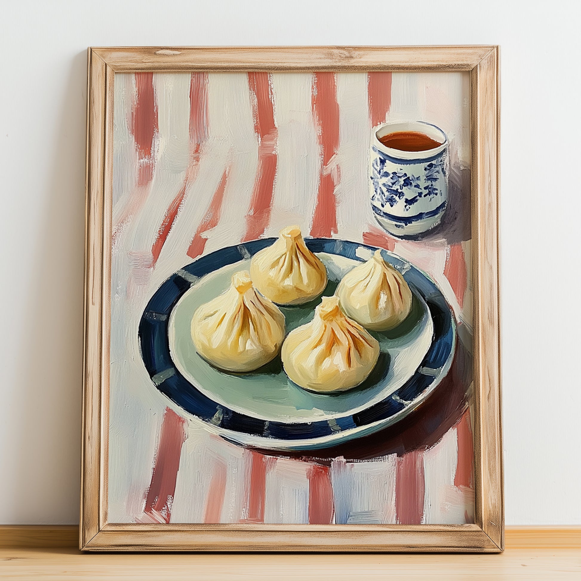 Xiao Long Bao – on Striped Tablecloth, Chinese Food Painting, no-text version framed in wood