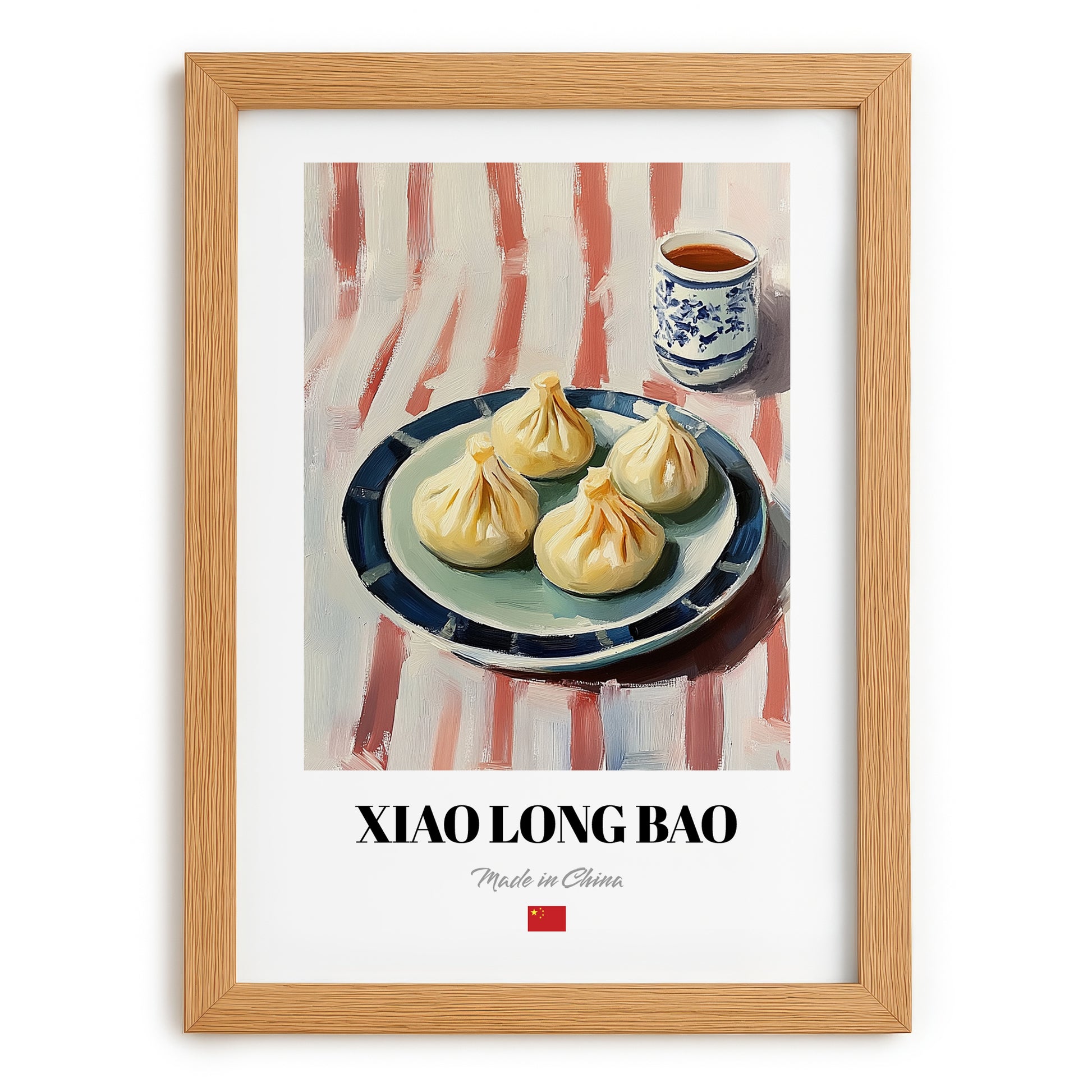 Xiao Long Bao – on Striped Tablecloth, Chinese Food Painting, set in oak frame
