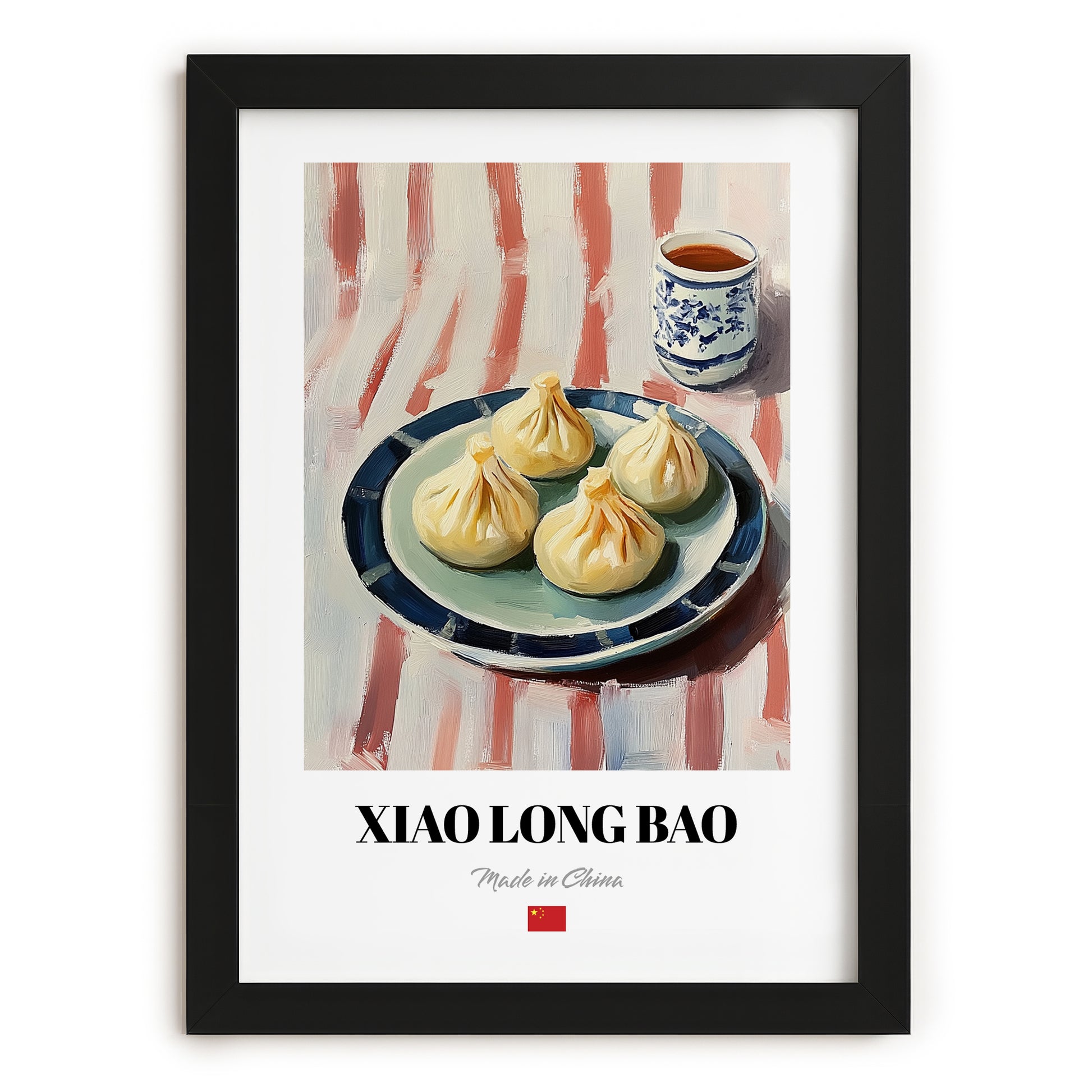 Xiao Long Bao – on Striped Tablecloth, Chinese Food Painting, in sleek black frame