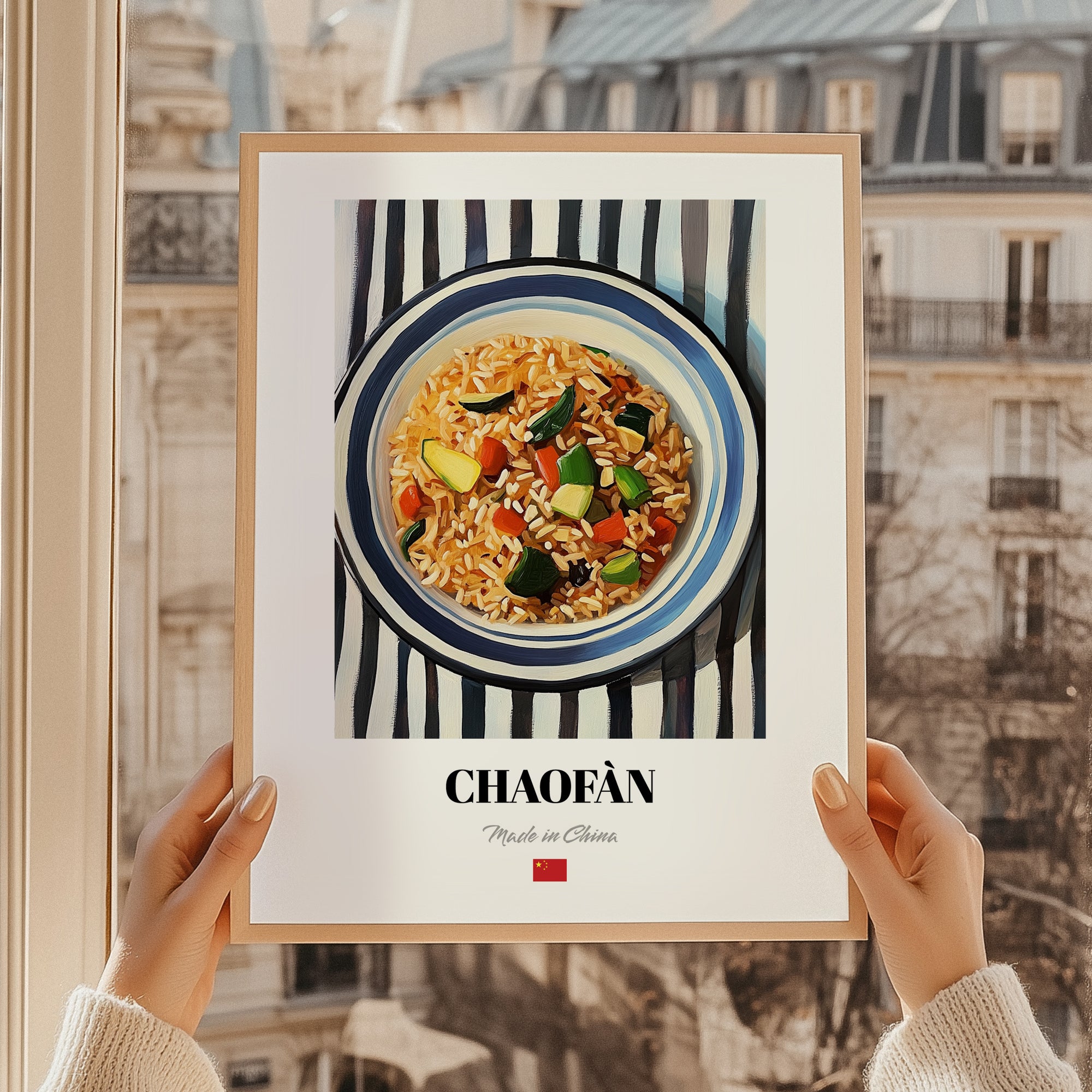 Chǎofàn (Fried Rice) – on Striped Tablecloth, Chinese Food Still Life, styled in a charming Paris street view