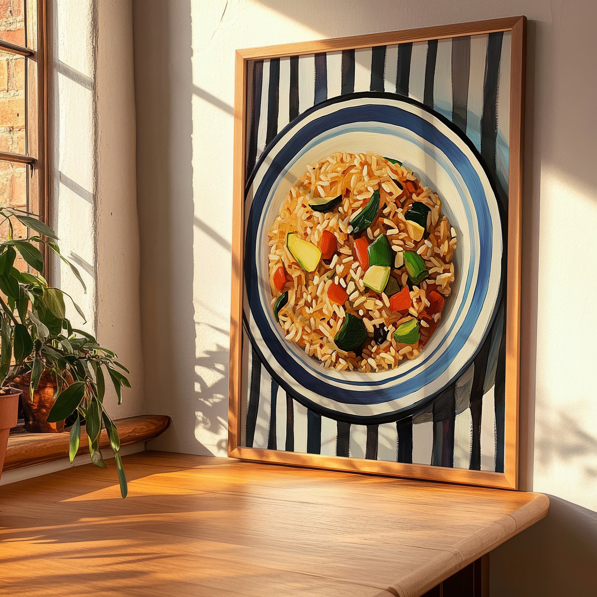 Chǎofàn (Fried Rice) – on Striped Tablecloth, Chinese Food Still Life, clean layout with no caption