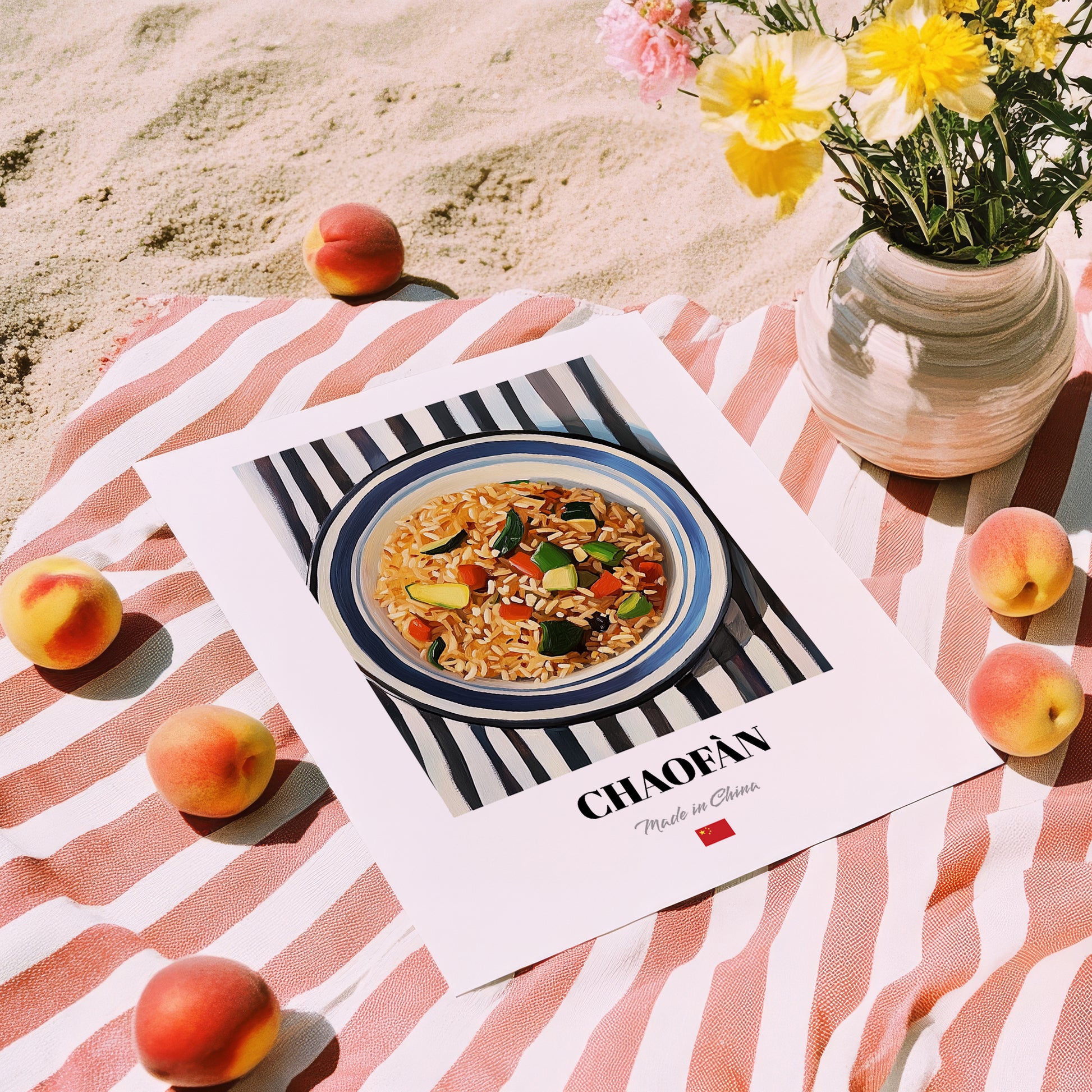 Chǎofàn (Fried Rice) – on Striped Tablecloth, Chinese Food Still Life, unframed on coastal sand