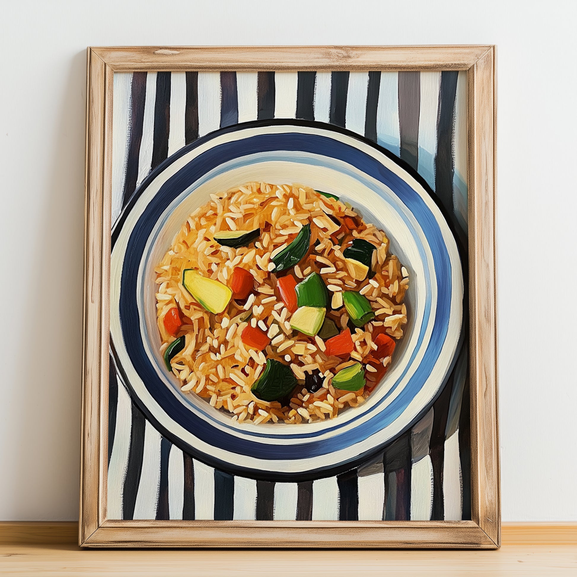 Chǎofàn (Fried Rice) – on Striped Tablecloth, Chinese Food Still Life, no-text version framed in wood