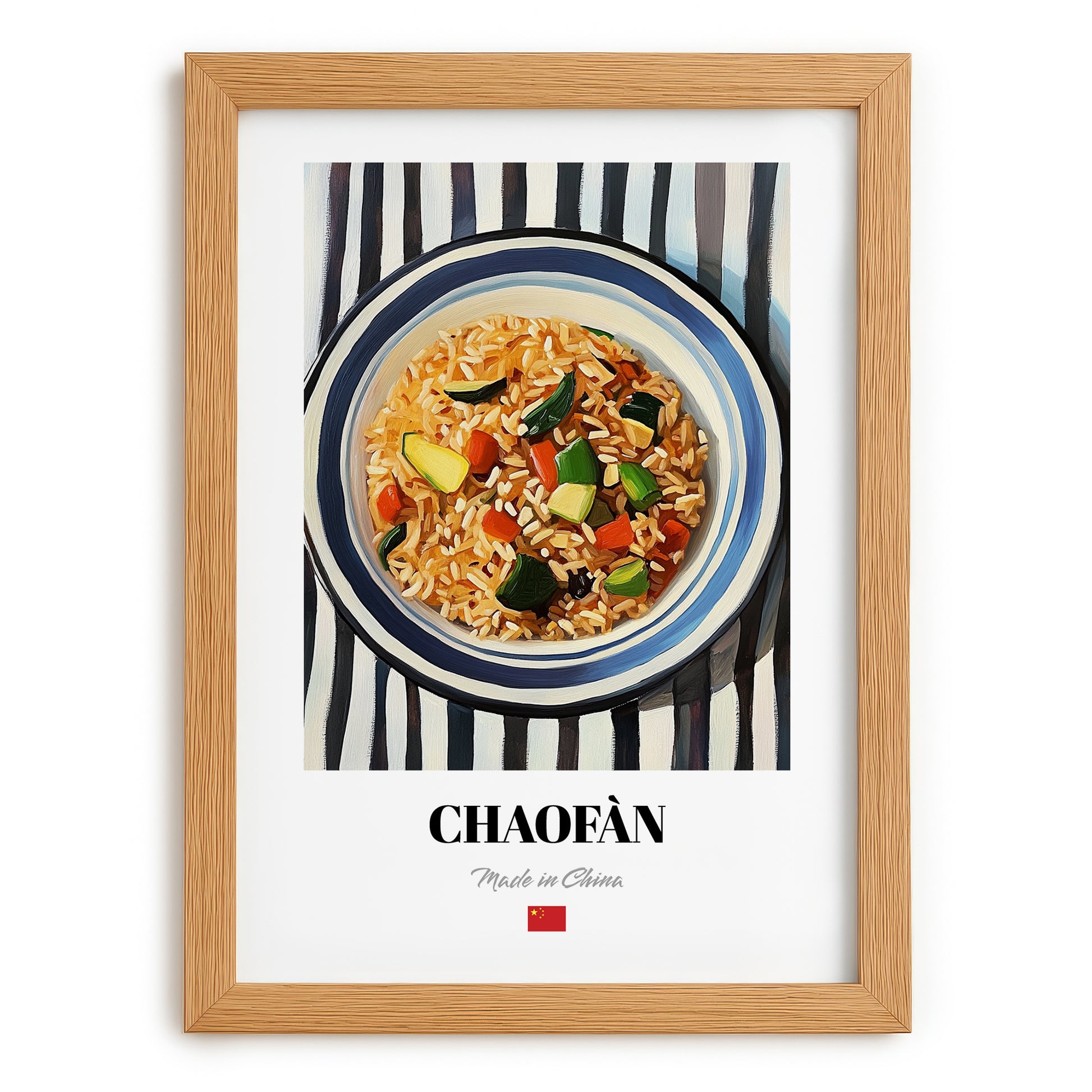 Chǎofàn (Fried Rice) – on Striped Tablecloth, Chinese Food Still Life, set in oak frame
