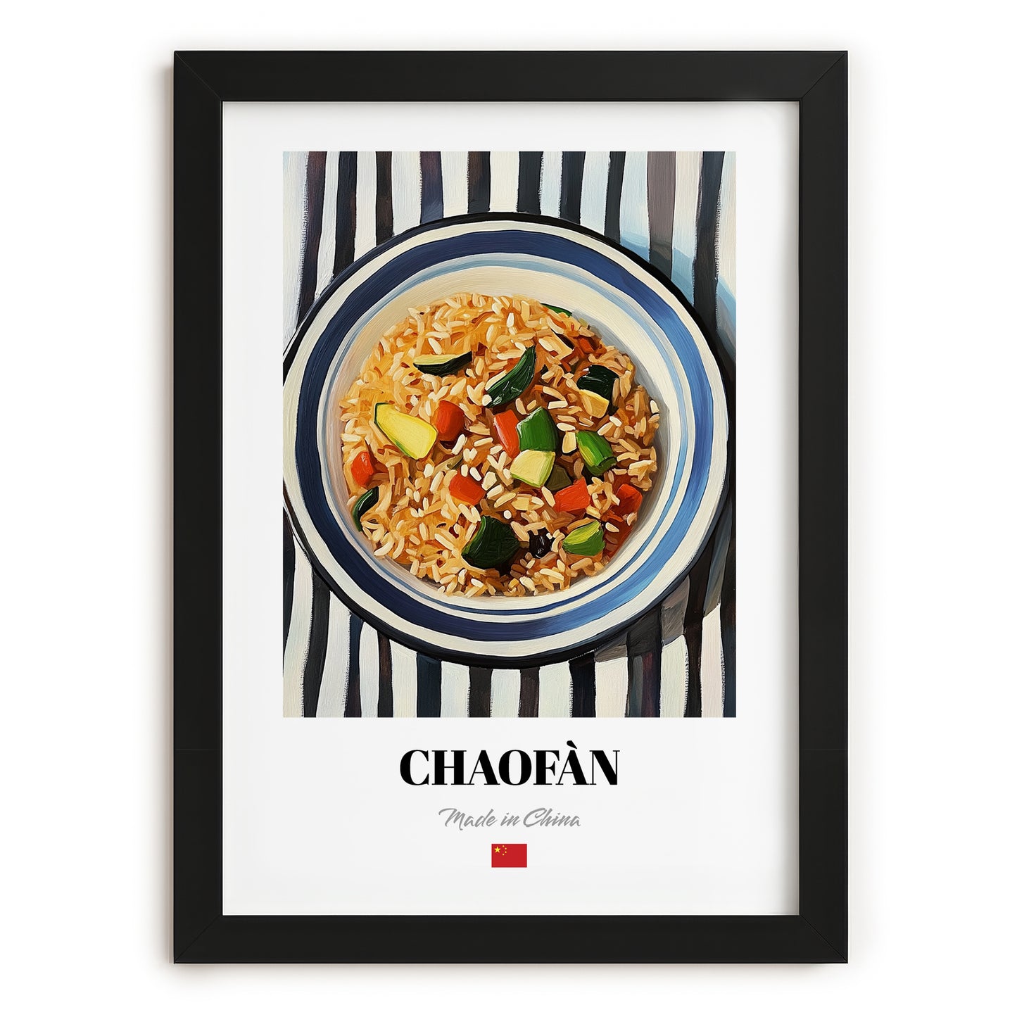 Chǎofàn (Fried Rice) – on Striped Tablecloth, Chinese Food Still Life, in sleek black frame