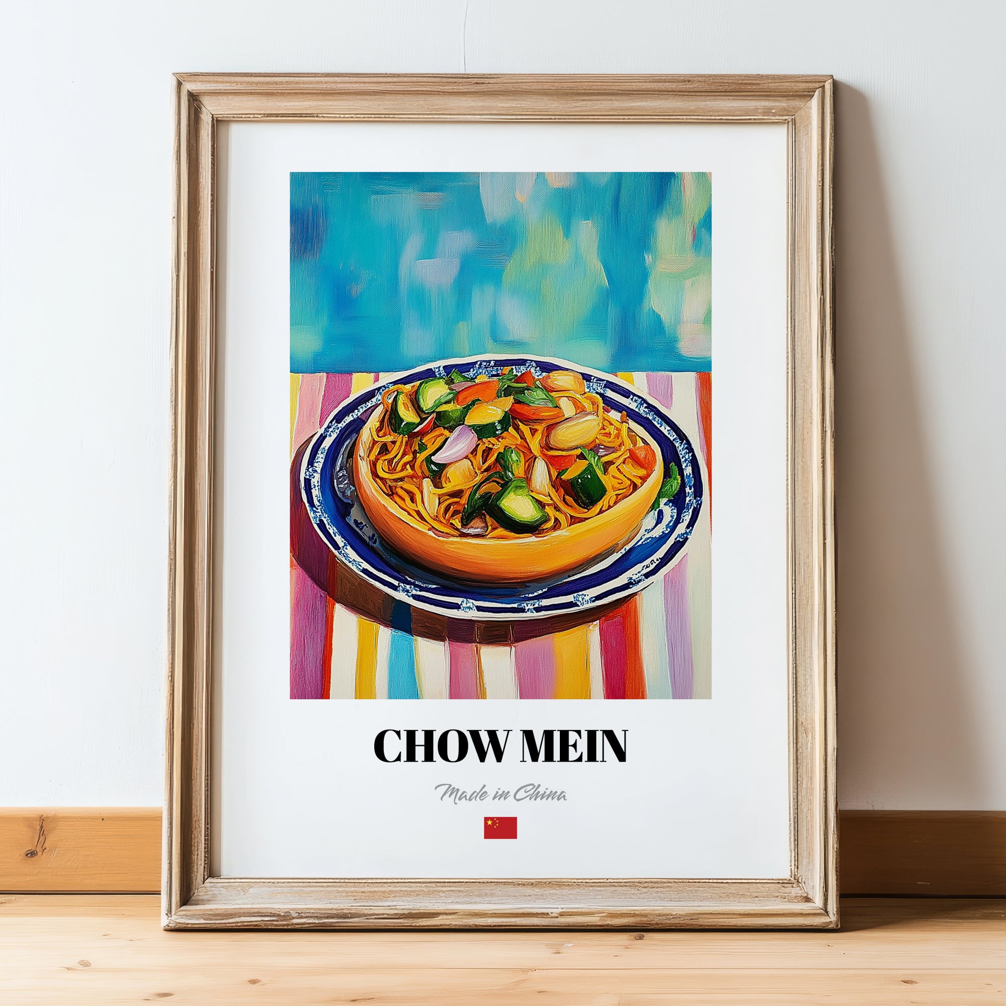 Chow Mein – Oil Painting, Chinese Food Wall Decor, in wooden frame leaning on the floor