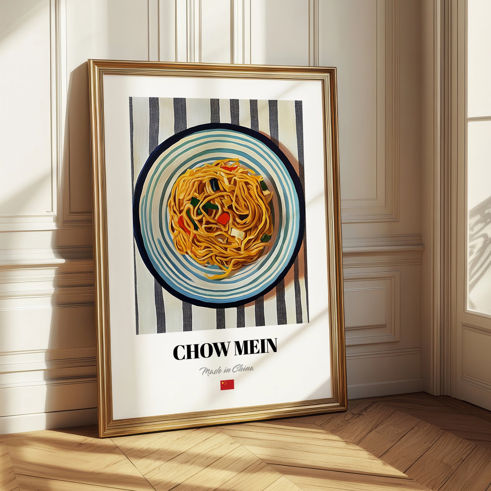 Chow Mein – on Striped Tablecloth, Chinese Food Still Life
