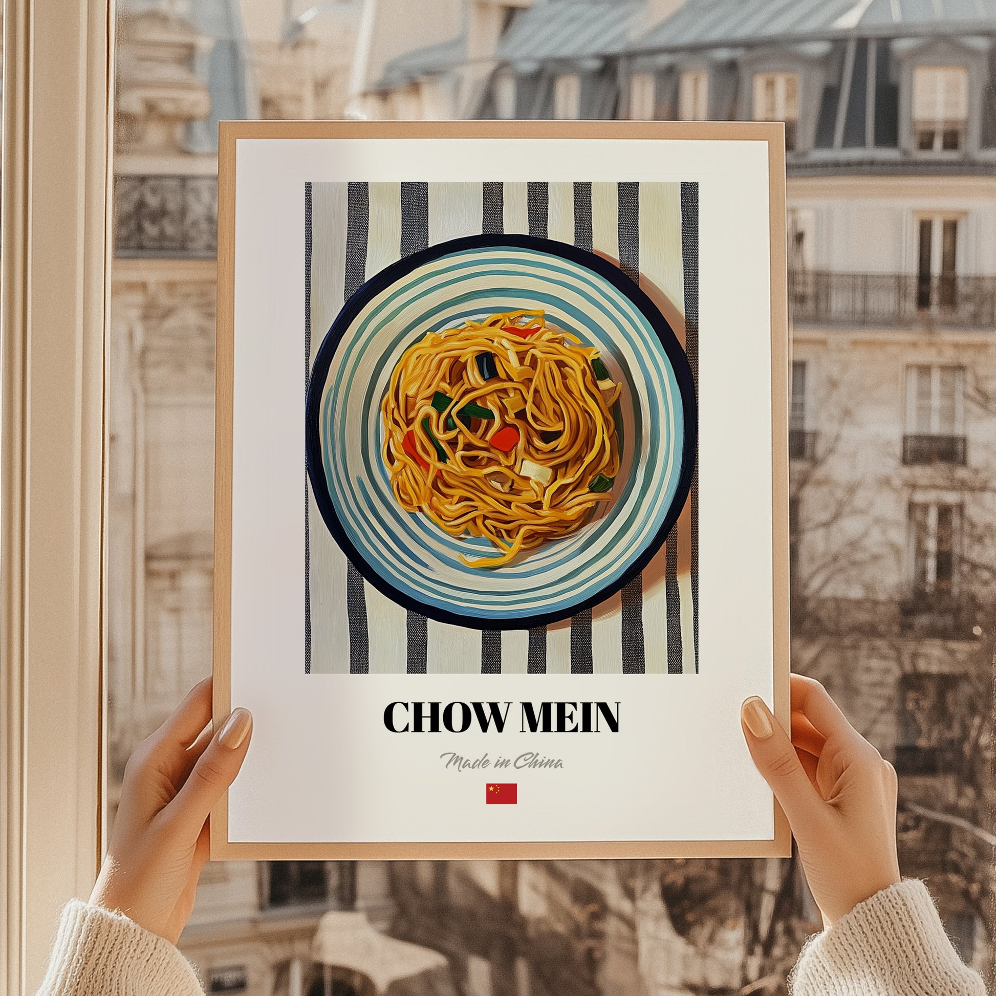 Chow Mein – on Striped Tablecloth, Chinese Food Still Life, styled in a charming Paris street view