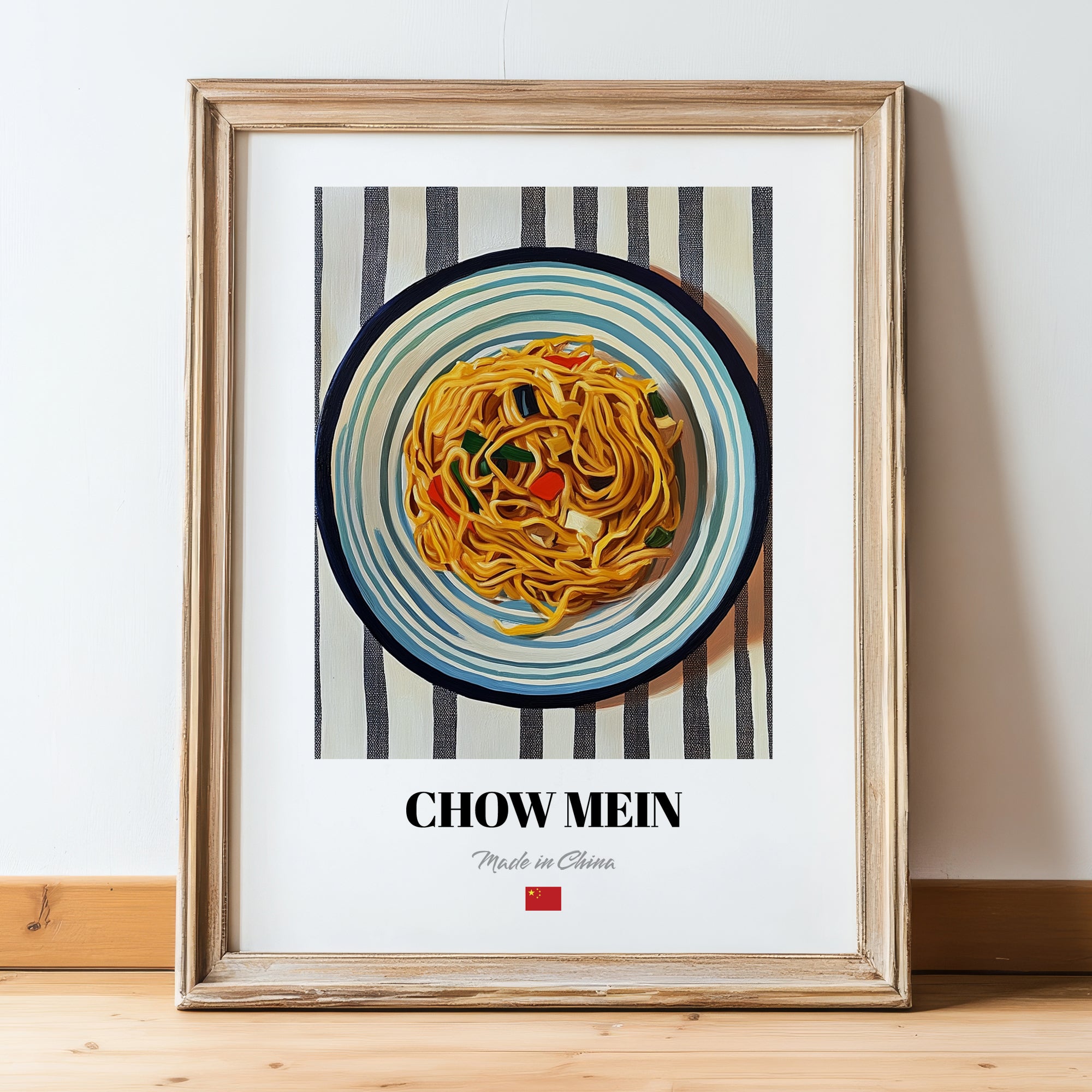 Chow Mein – on Striped Tablecloth, Chinese Food Still Life, in wooden frame leaning on the floor