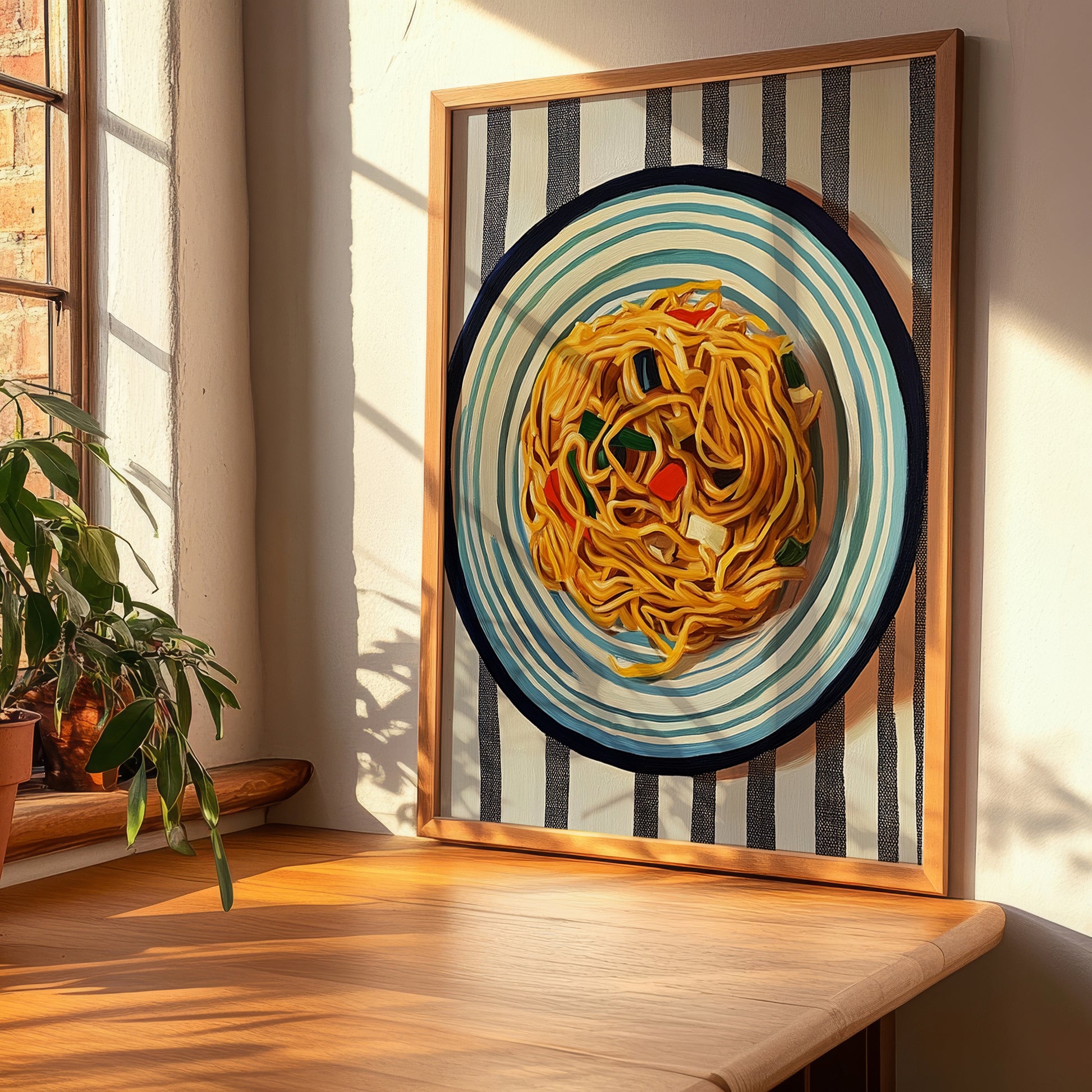 Chow Mein – on Striped Tablecloth, Chinese Food Still Life, clean layout with no caption