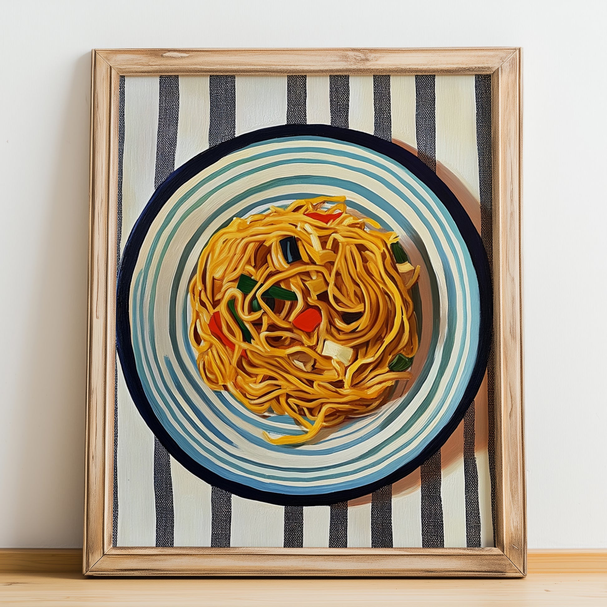 Chow Mein – on Striped Tablecloth, Chinese Food Still Life, no-text version framed in wood