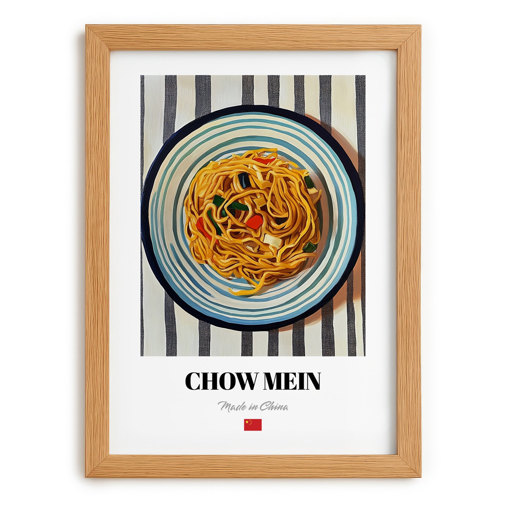 Chow Mein – on Striped Tablecloth, Chinese Food Still Life, set in oak frame