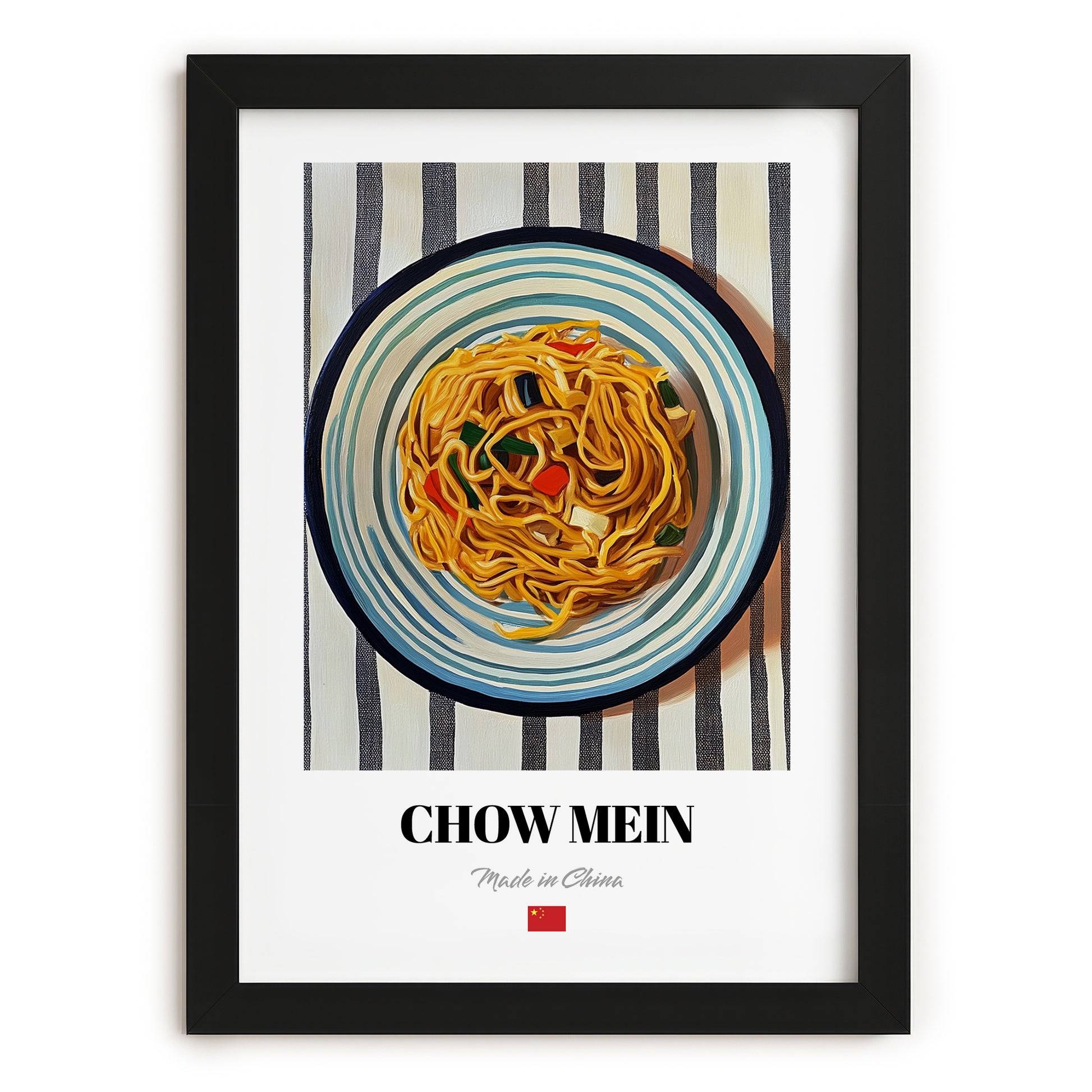 Chow Mein – on Striped Tablecloth, Chinese Food Still Life, in sleek black frame