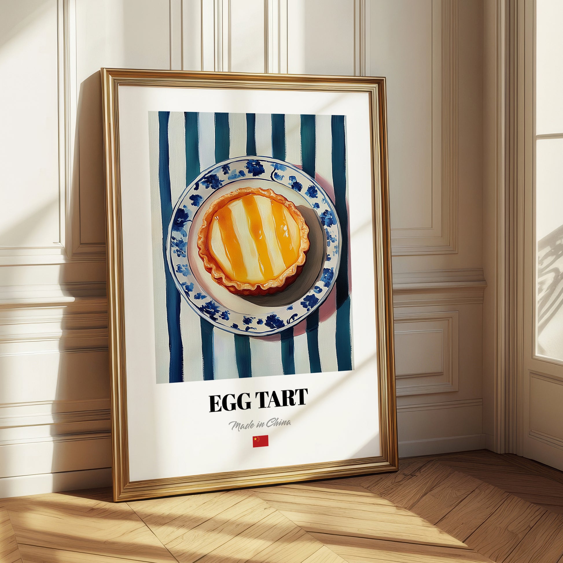 Dàn Tǎ (Egg Tart) – on Striped Tablecloth, Chinese Dessert Poster 
