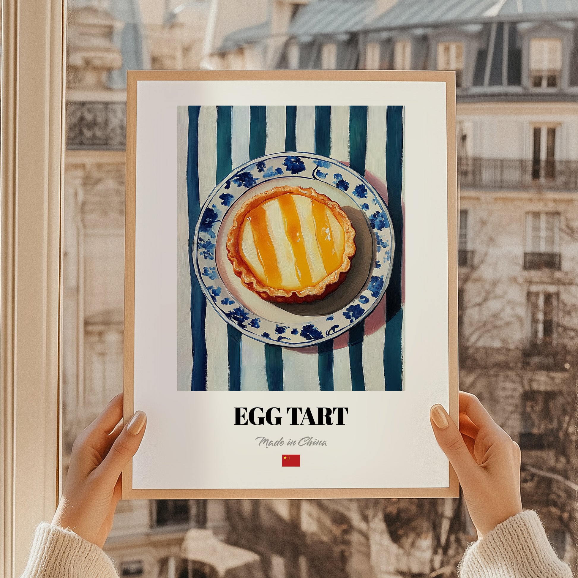 Dàn Tǎ (Egg Tart) – on Striped Tablecloth, Chinese Dessert Poster, styled in a charming Paris street view