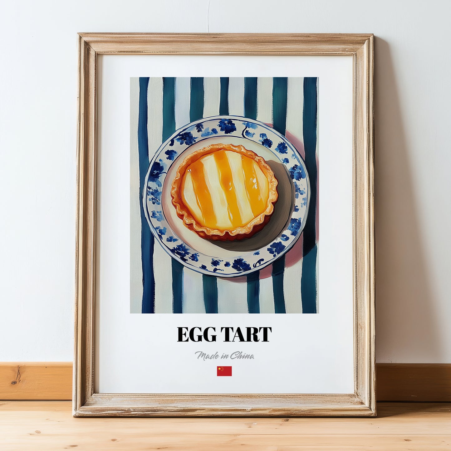Dàn Tǎ (Egg Tart) – on Striped Tablecloth, Chinese Dessert Poster, in wooden frame leaning on the floor