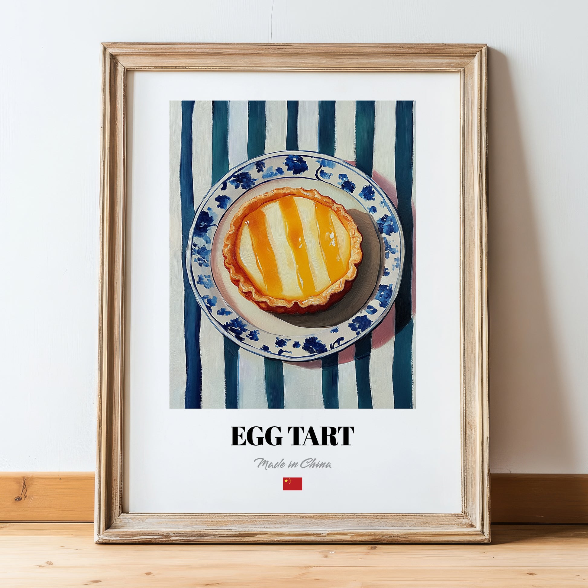 Dàn Tǎ (Egg Tart) – on Striped Tablecloth, Chinese Dessert Poster, in wooden frame leaning on the floor
