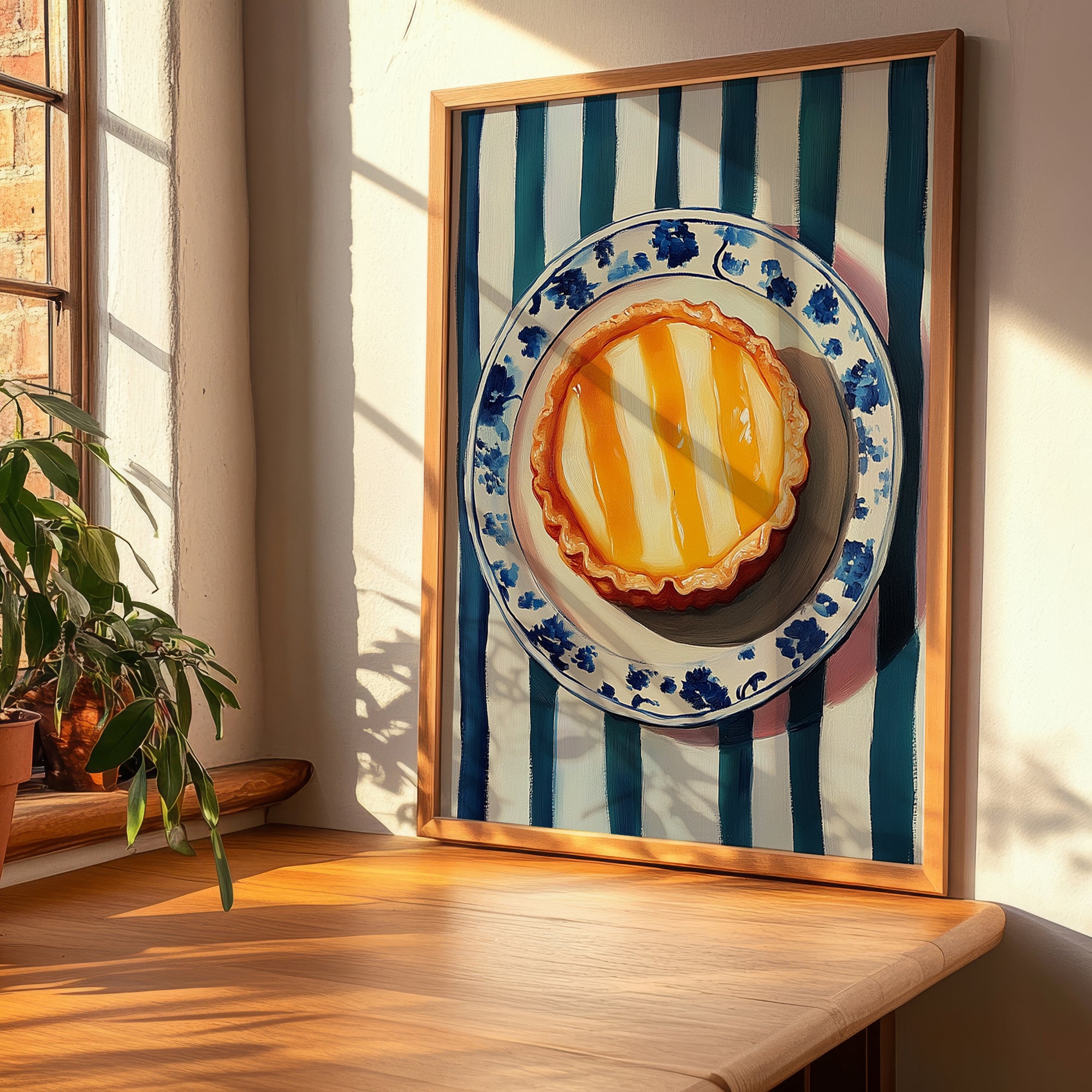 Dàn Tǎ (Egg Tart) – on Striped Tablecloth, Chinese Dessert Poster, clean layout with no caption