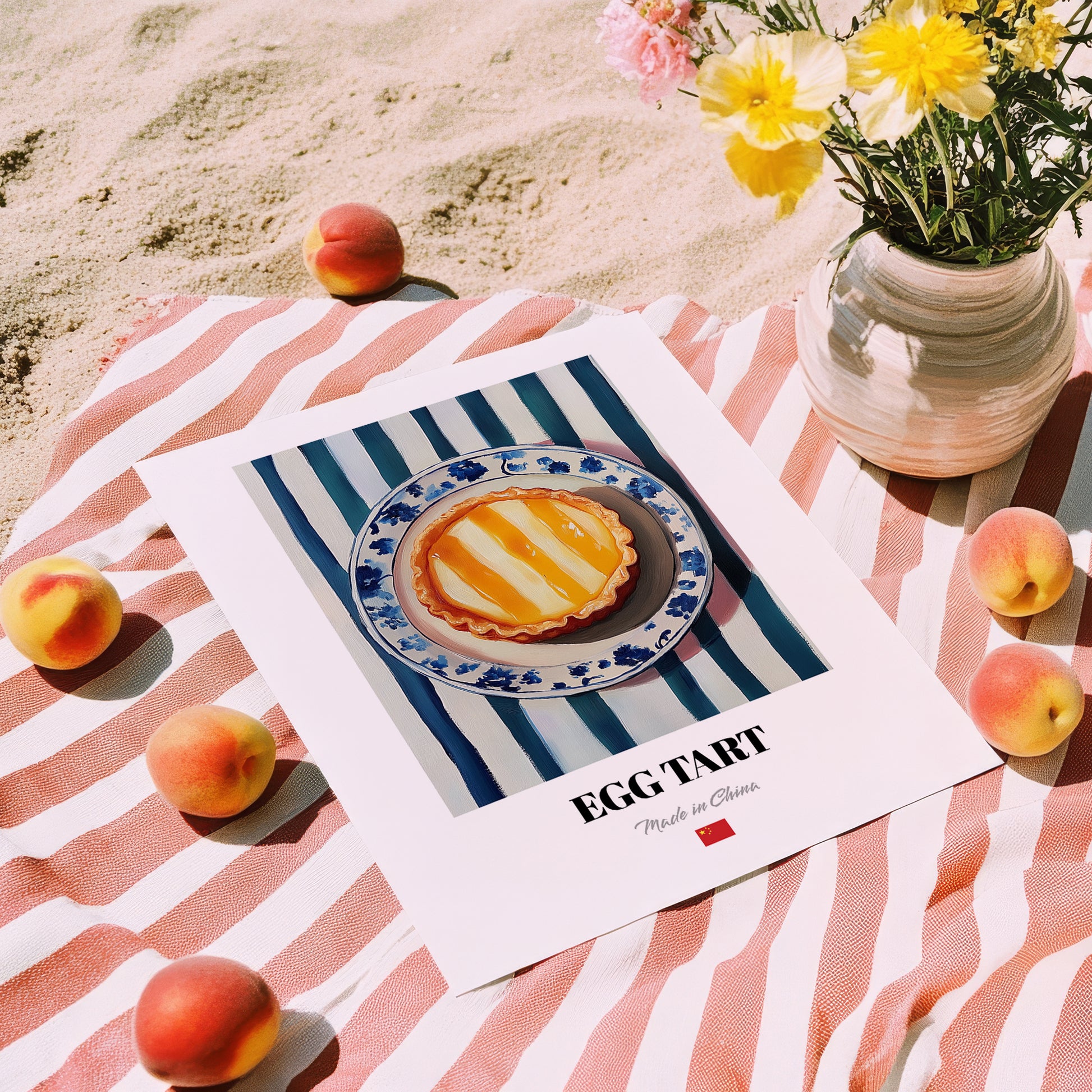 Dàn Tǎ (Egg Tart) – on Striped Tablecloth, Chinese Dessert Poster, unframed on coastal sand