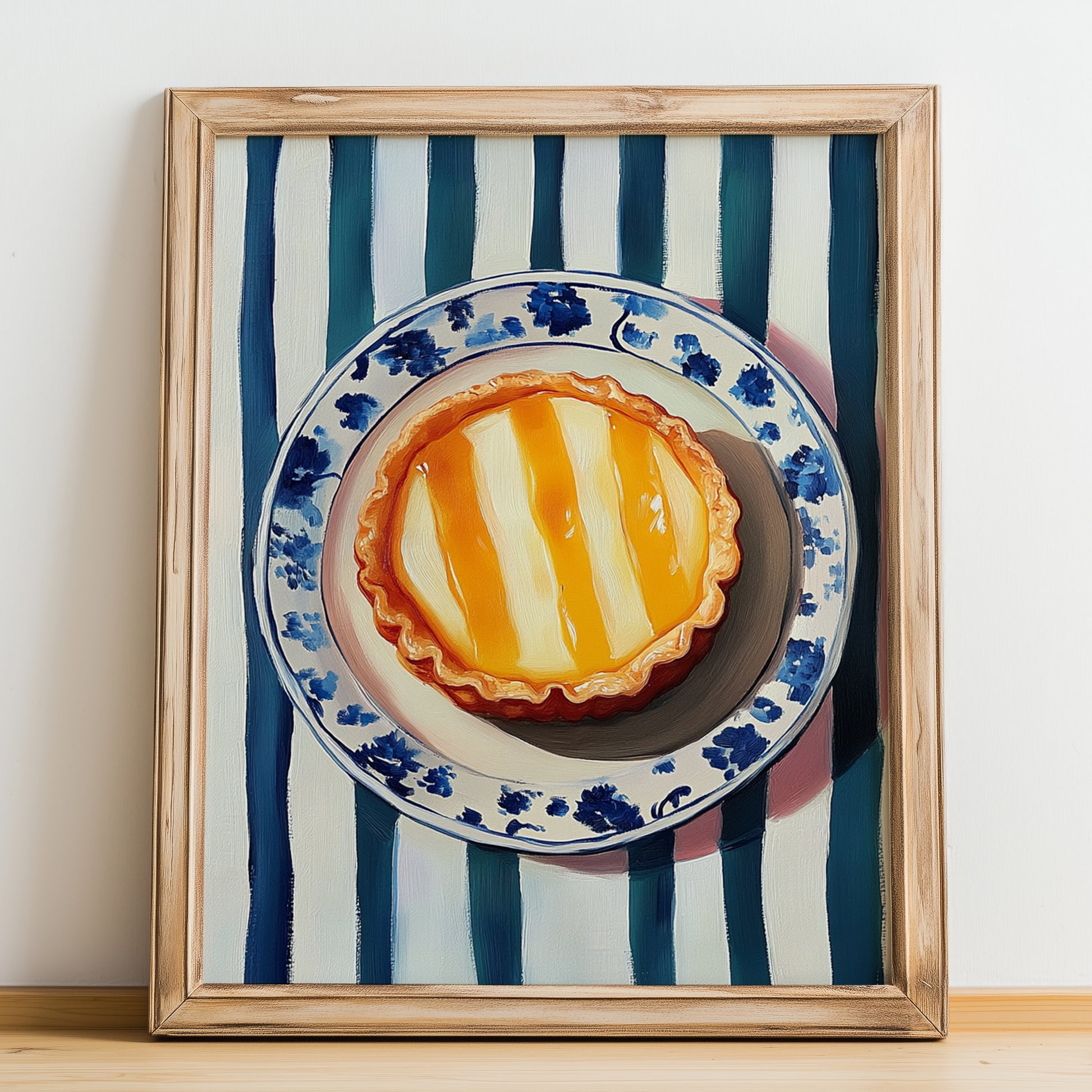 Dàn Tǎ (Egg Tart) – on Striped Tablecloth, Chinese Dessert Poster, no-text version framed in wood
