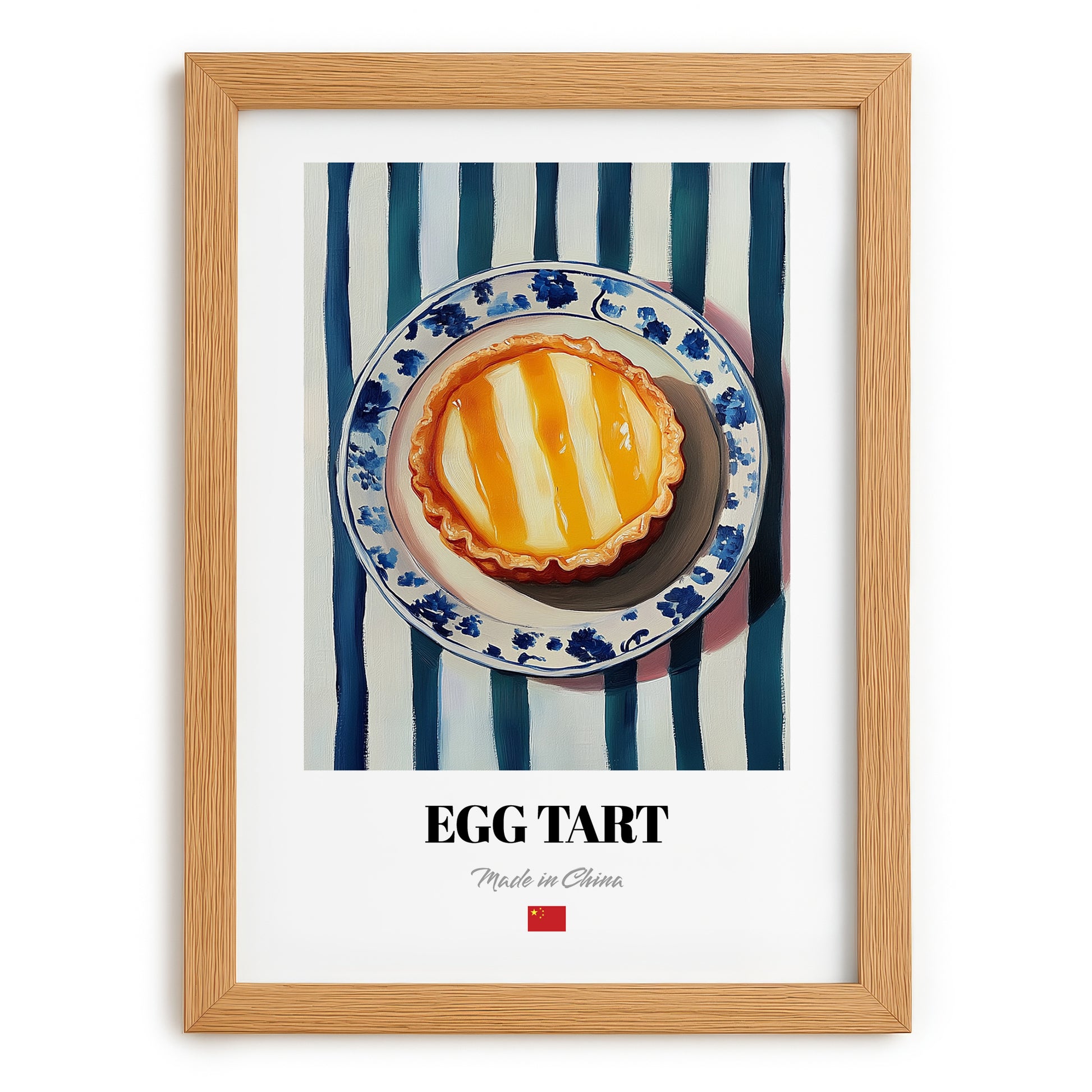 Dàn Tǎ (Egg Tart) – on Striped Tablecloth, Chinese Dessert Poster, set in oak frame