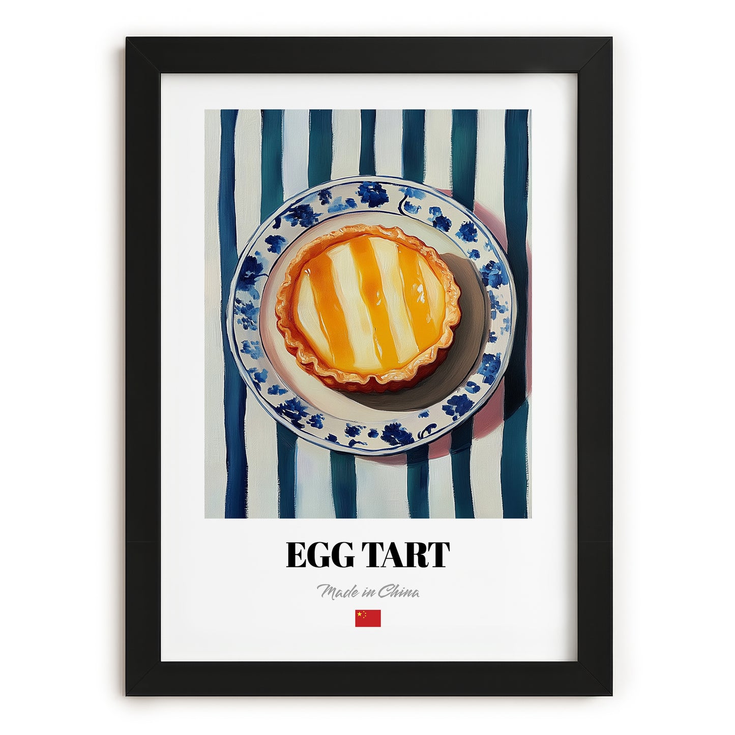 Dàn Tǎ (Egg Tart) – on Striped Tablecloth, Chinese Dessert Poster, in sleek black frame