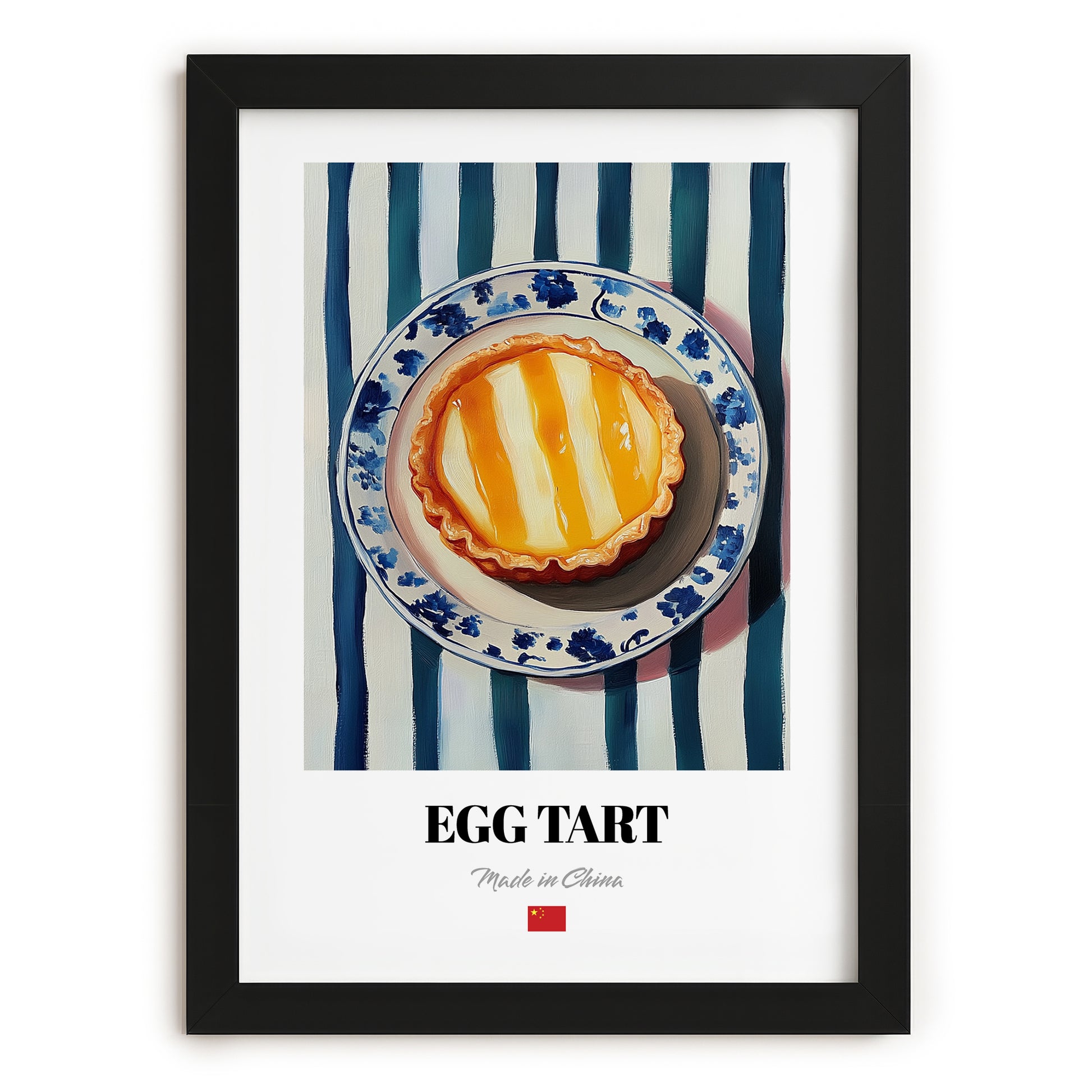 Dàn Tǎ (Egg Tart) – on Striped Tablecloth, Chinese Dessert Poster, in sleek black frame