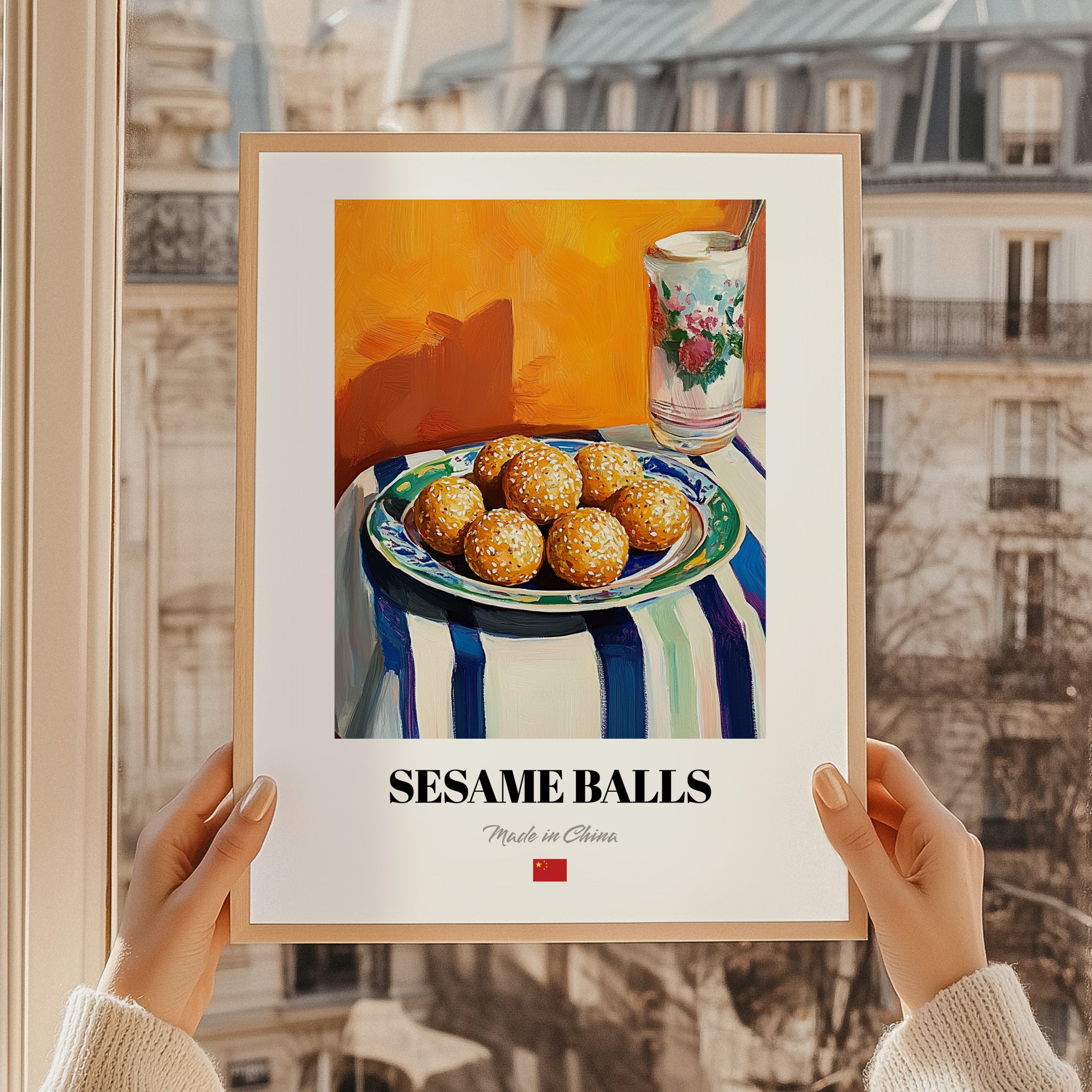 Sesame Balls (Jiān Dùi) – Oil Painting, Chinese Dessert Illustration, styled in a charming Paris street view