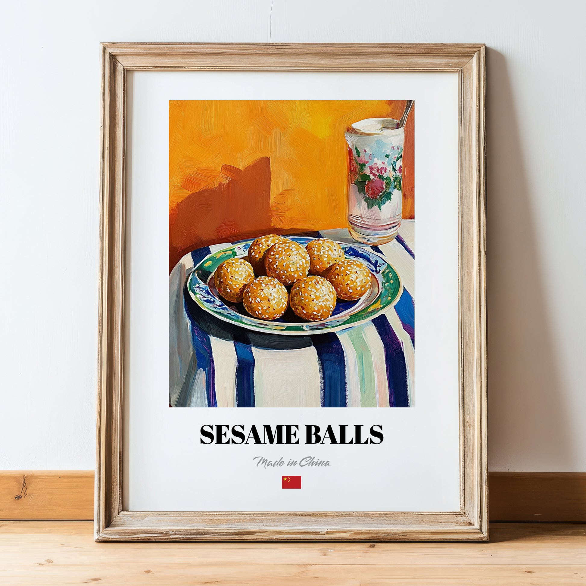 Sesame Balls (Jiān Dùi) – Oil Painting, Chinese Dessert Illustration, in wooden frame leaning on the floor