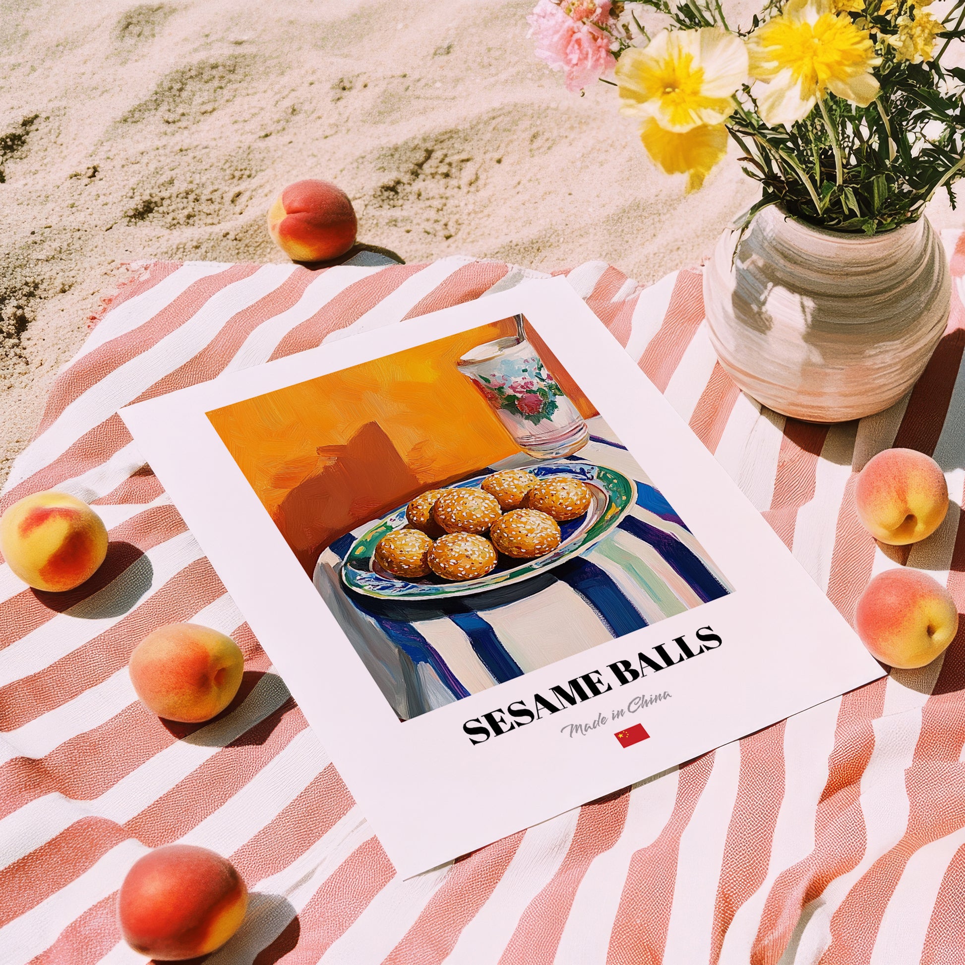 Sesame Balls (Jiān Dùi) – Oil Painting, Chinese Dessert Illustration, unframed on coastal sand