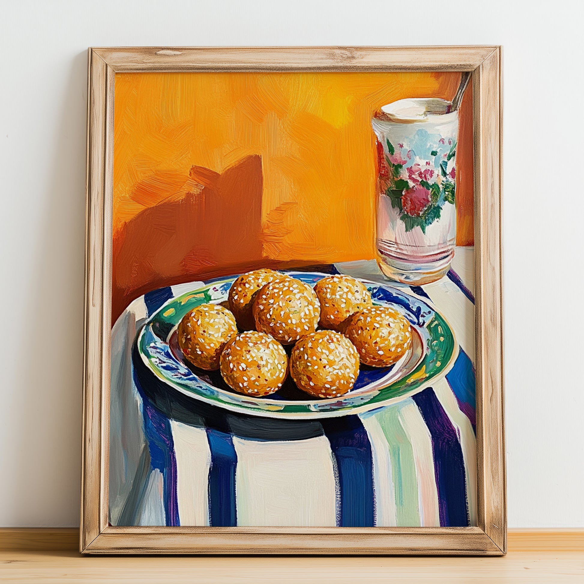 Sesame Balls (Jiān Dùi) – Oil Painting, Chinese Dessert Illustration, no-text version framed in wood