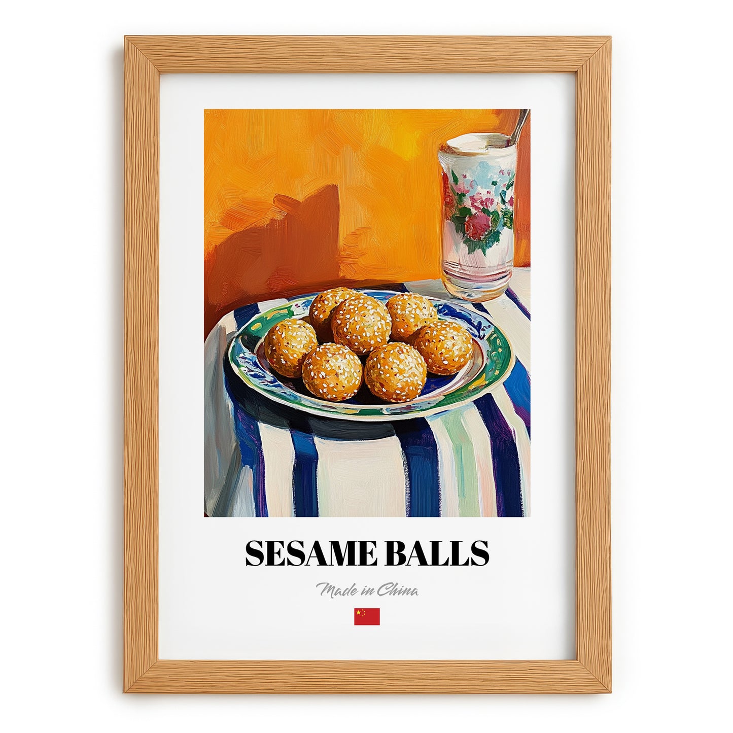 Sesame Balls (Jiān Dùi) – Oil Painting, Chinese Dessert Illustration, set in oak frame