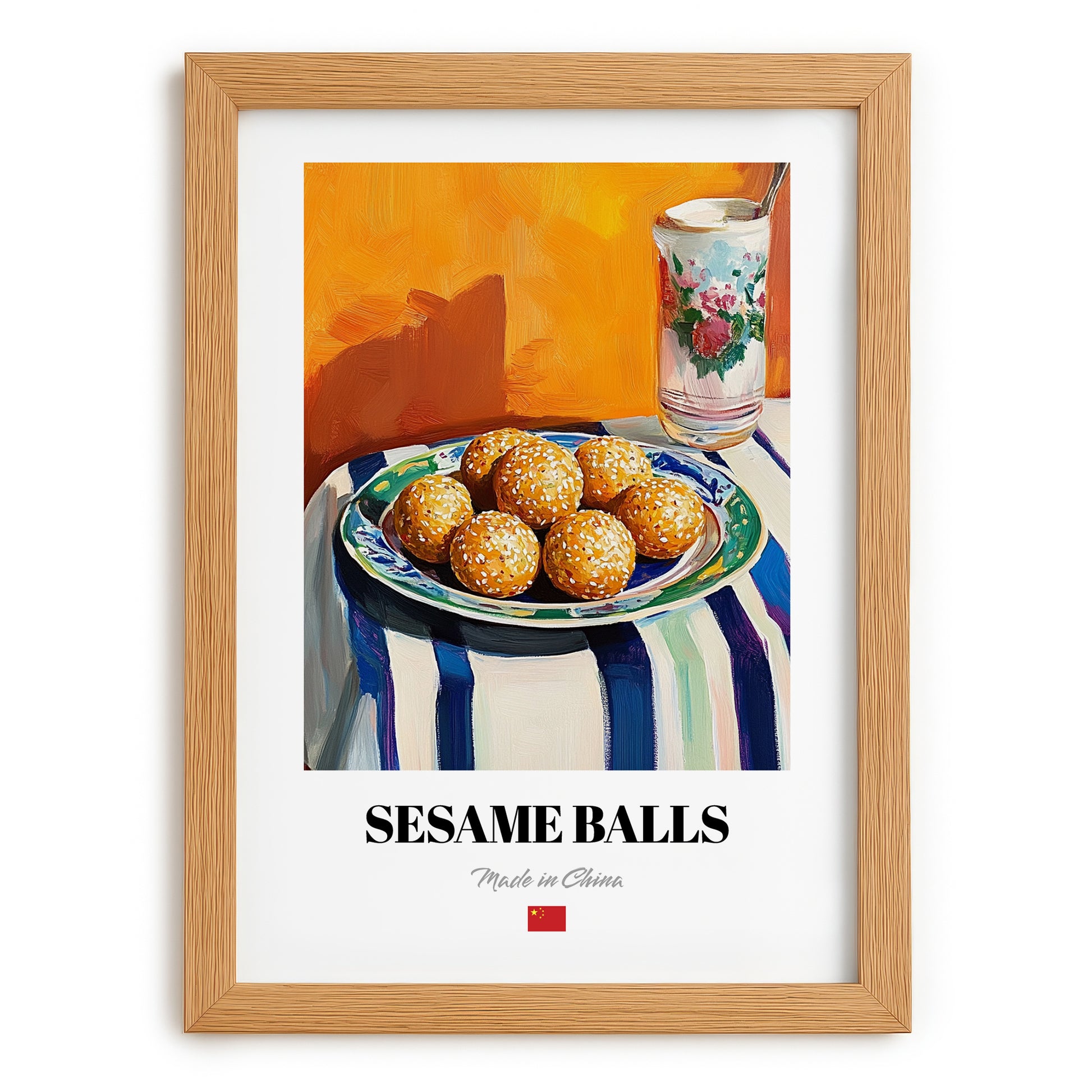 Sesame Balls (Jiān Dùi) – Oil Painting, Chinese Dessert Illustration, set in oak frame