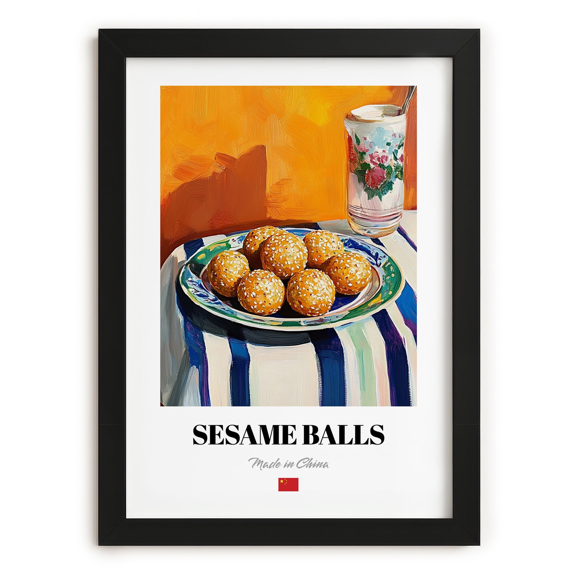 Sesame Balls (Jiān Dùi) – Oil Painting, Chinese Dessert Illustration, in sleek black frame