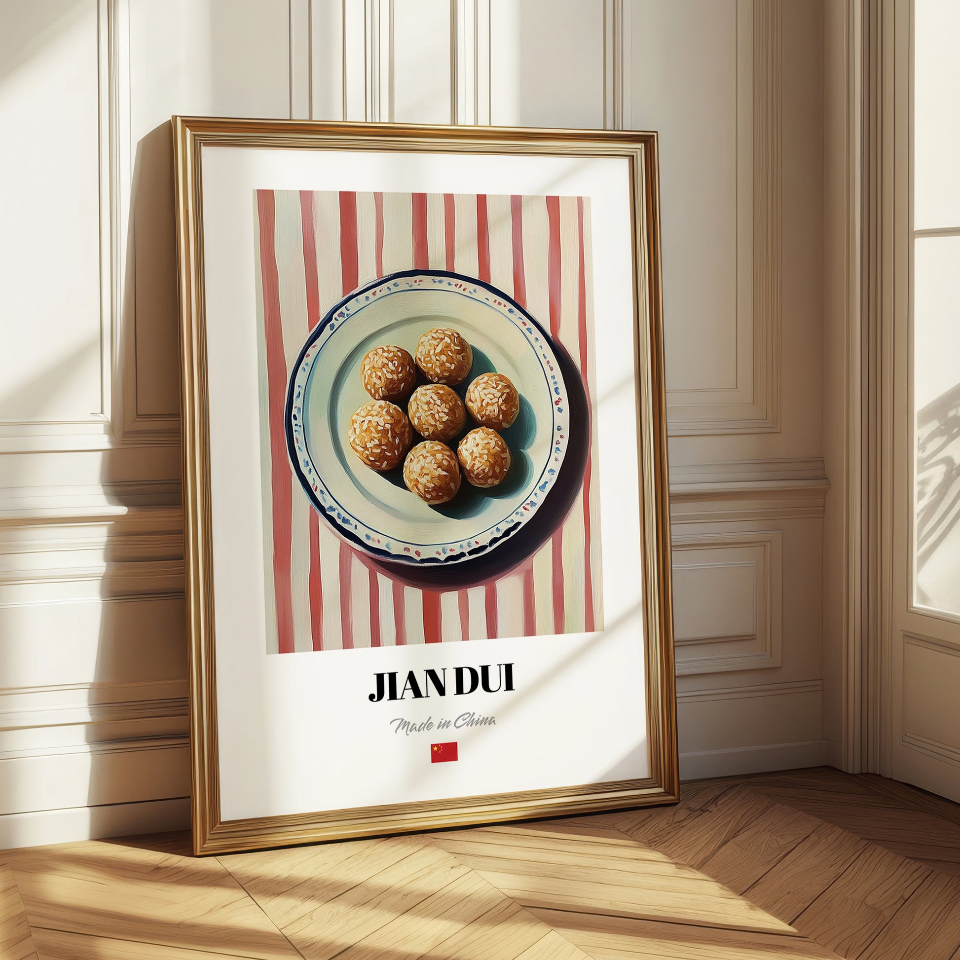 Jiān Dùi (Sesame Balls) – on Striped Tablecloth, Chinese Dessert Wall Decor 