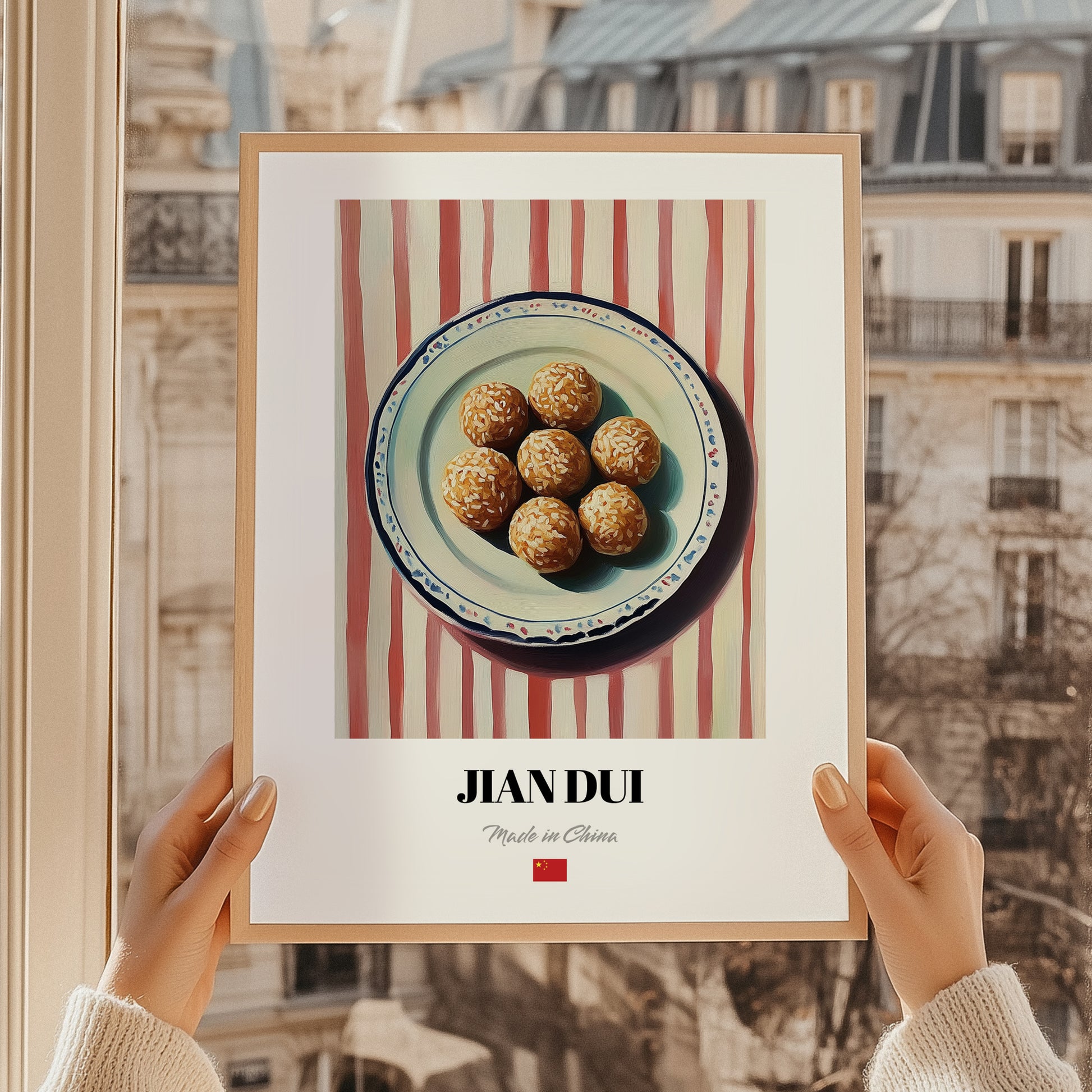 Jiān Dùi (Sesame Balls) – on Striped Tablecloth, Chinese Dessert Wall Decor, styled in a charming Paris street view