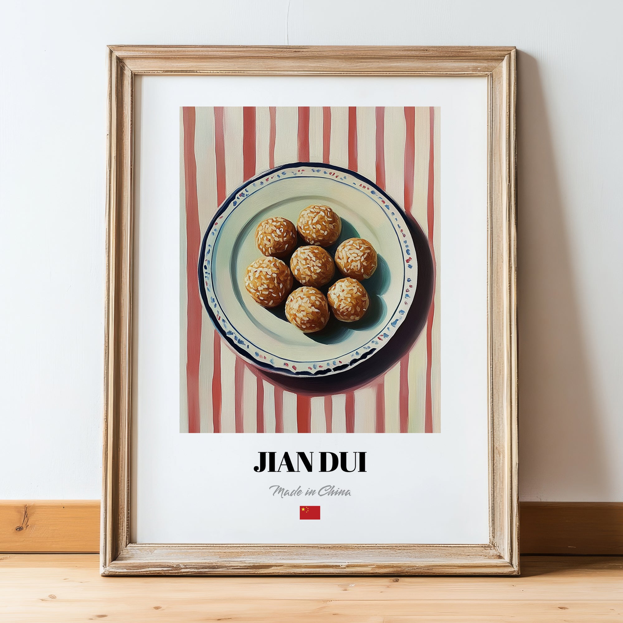 Jiān Dùi (Sesame Balls) – on Striped Tablecloth, Chinese Dessert Wall Decor, in wooden frame leaning on the floor