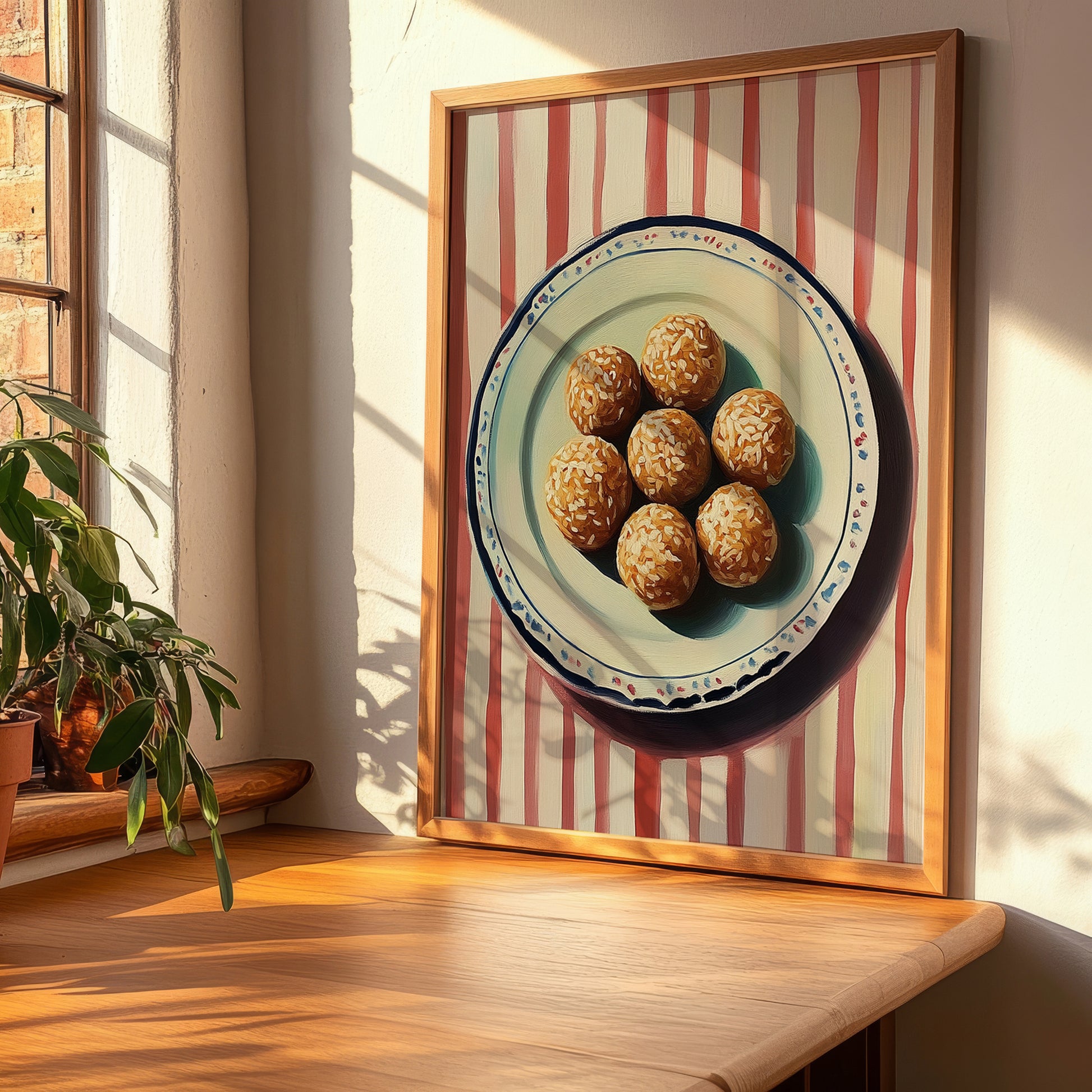 Jiān Dùi (Sesame Balls) – on Striped Tablecloth, Chinese Dessert Wall Decor, clean layout with no caption