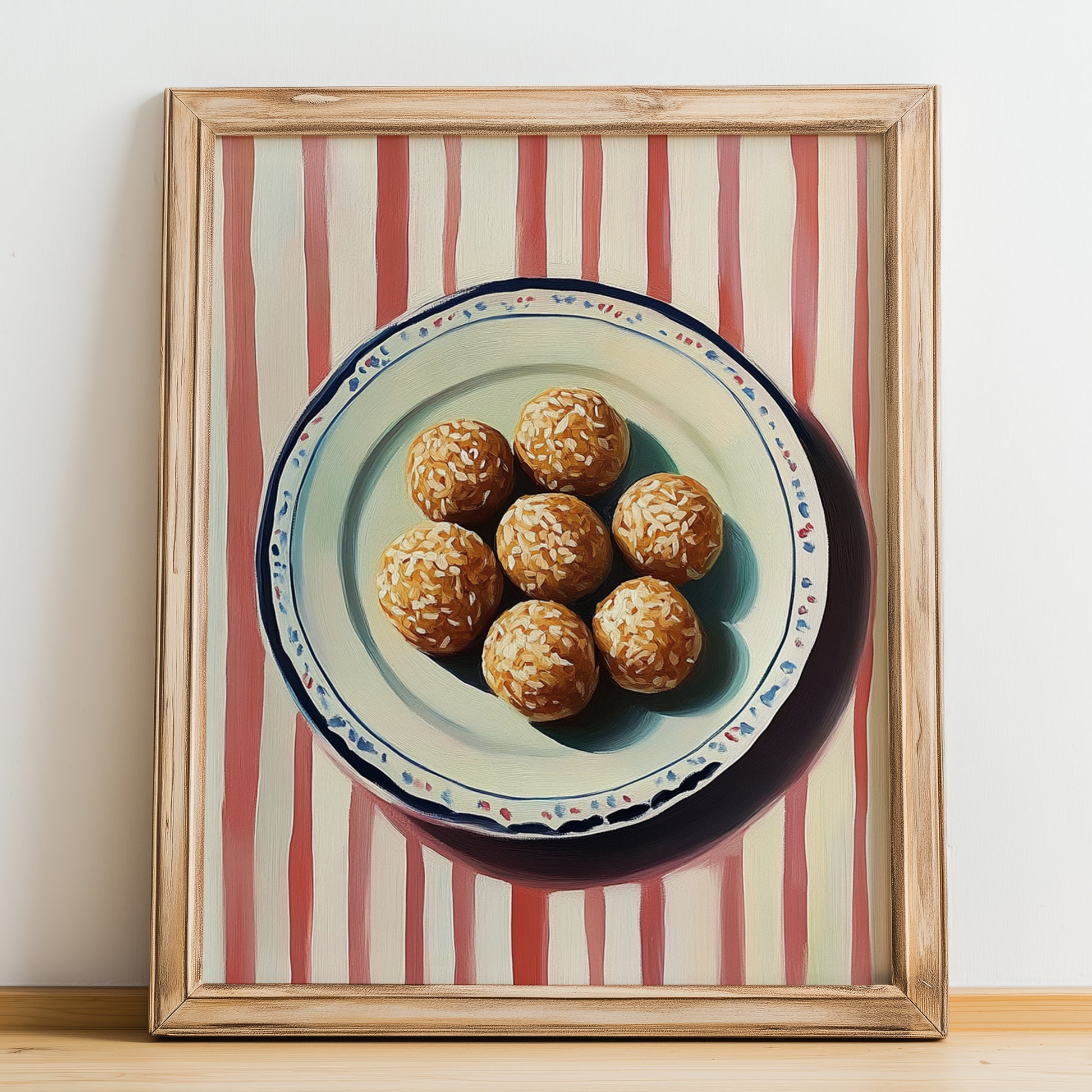 Jiān Dùi (Sesame Balls) – on Striped Tablecloth, Chinese Dessert Wall Decor, no-text version framed in wood