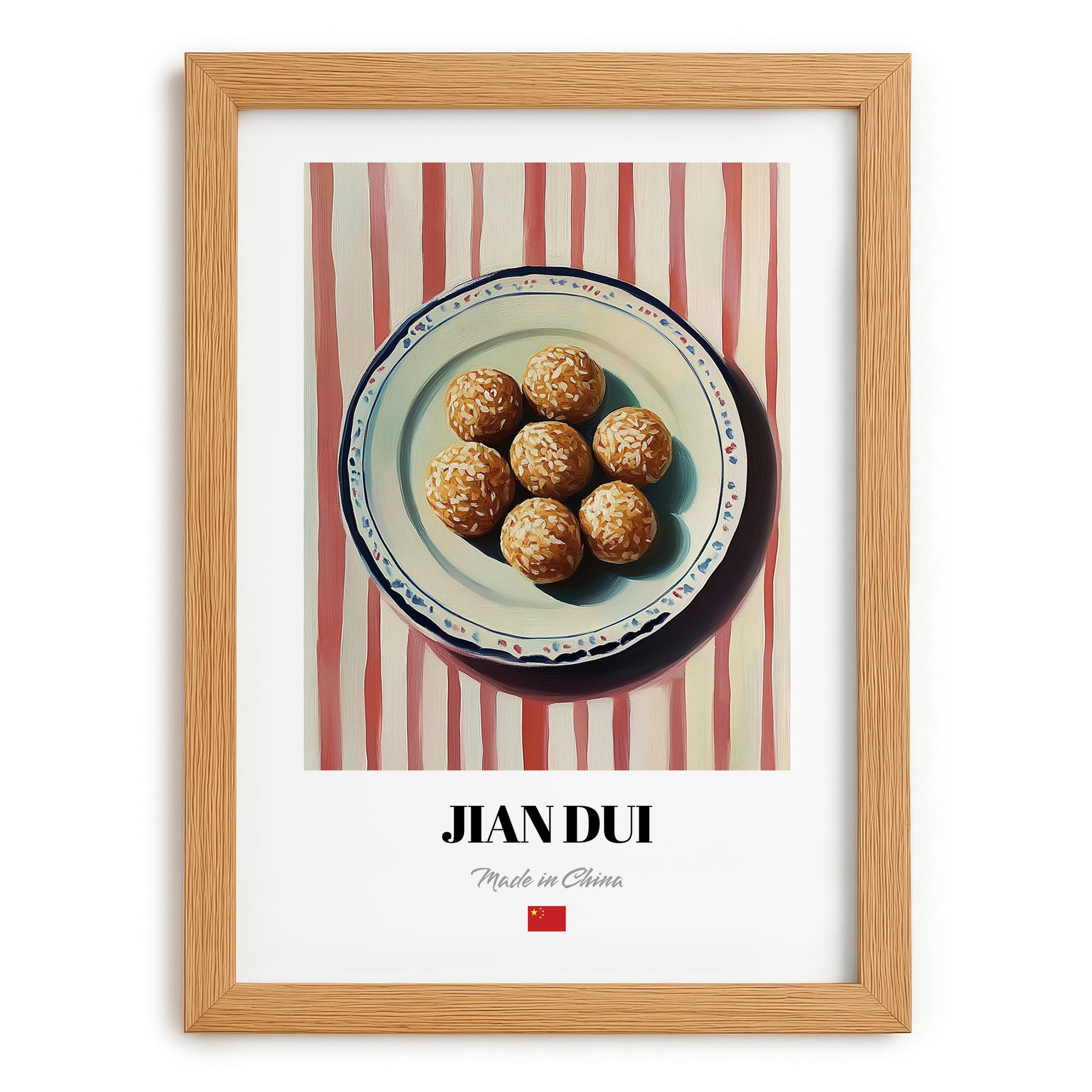 Jiān Dùi (Sesame Balls) – on Striped Tablecloth, Chinese Dessert Wall Decor, set in oak frame