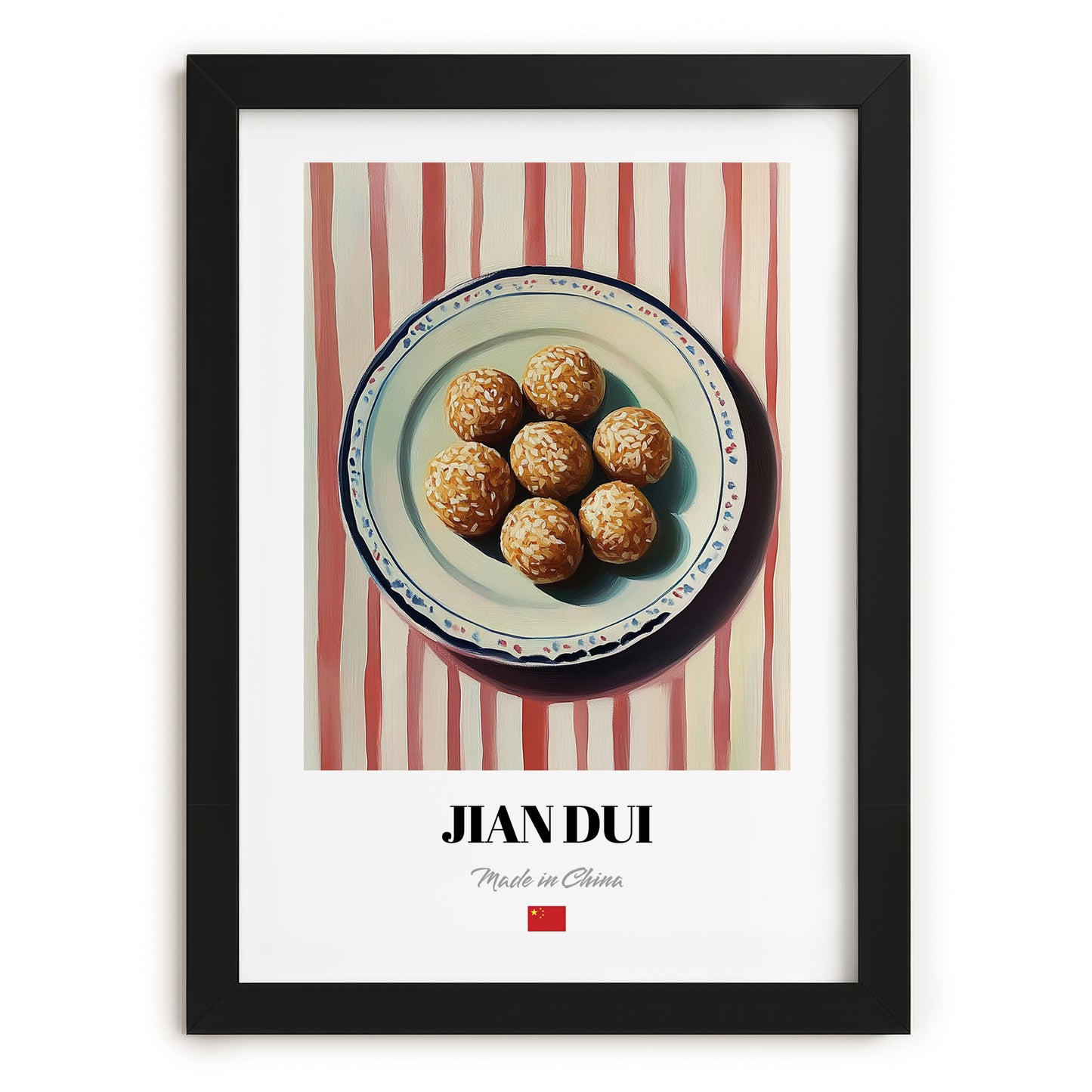 Jiān Dùi (Sesame Balls) – on Striped Tablecloth, Chinese Dessert Wall Decor, in sleek black frame