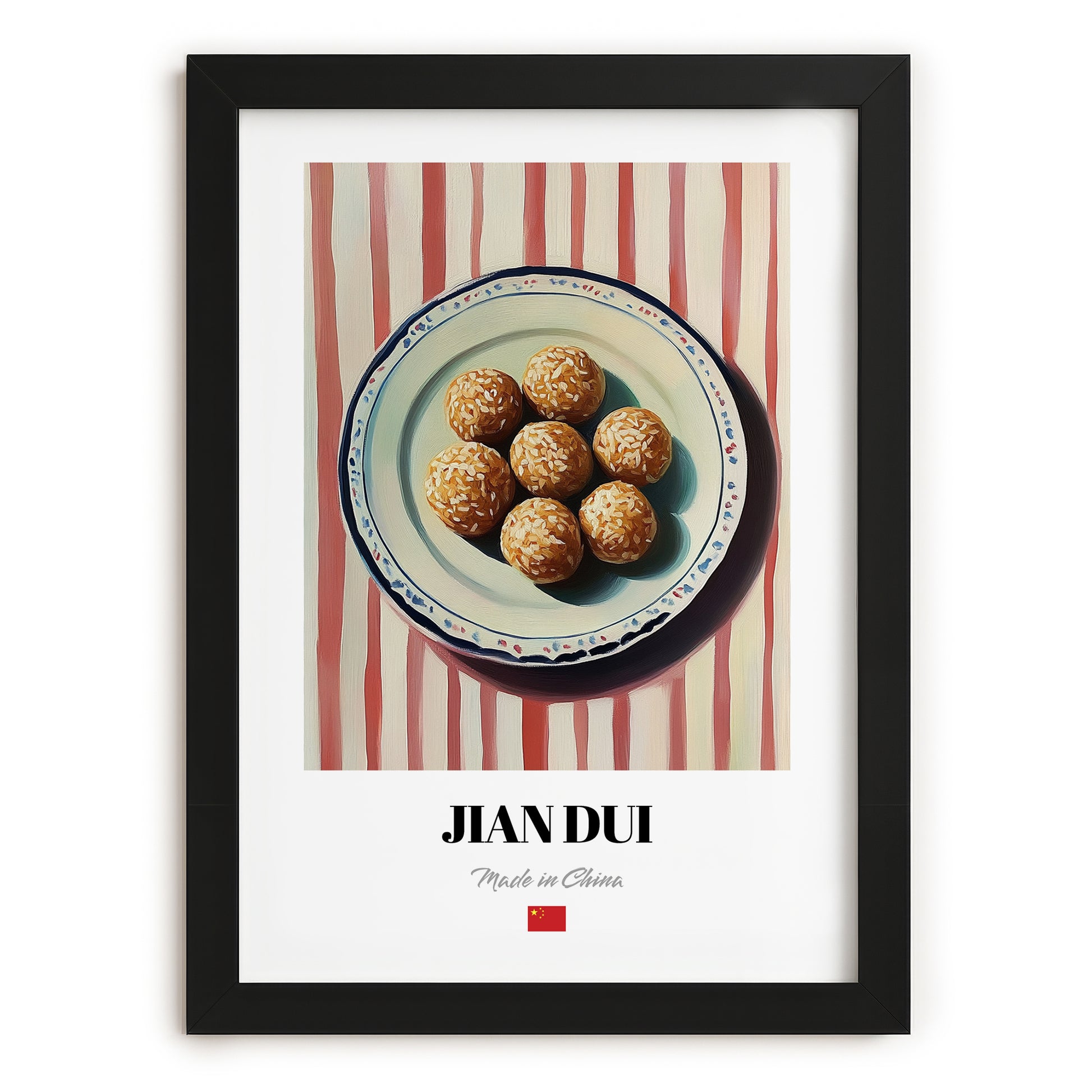 Jiān Dùi (Sesame Balls) – on Striped Tablecloth, Chinese Dessert Wall Decor, in sleek black frame