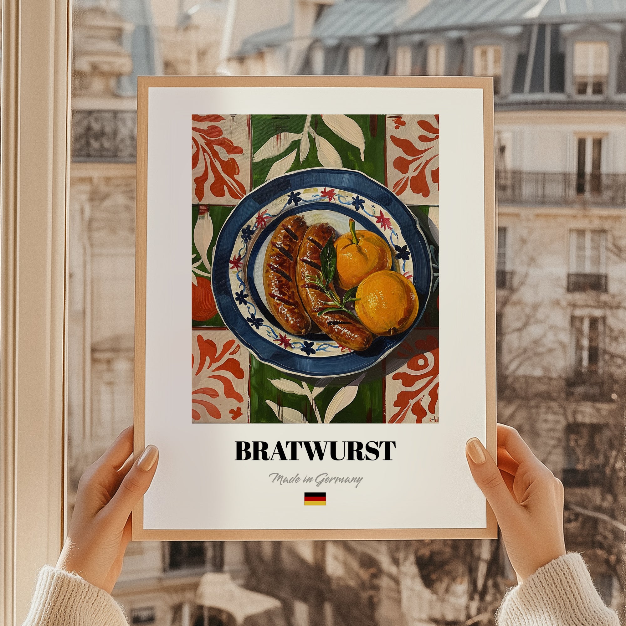 Bratwurst – Colorful Oil Painting, German Food Illustration, styled in a charming Paris street view