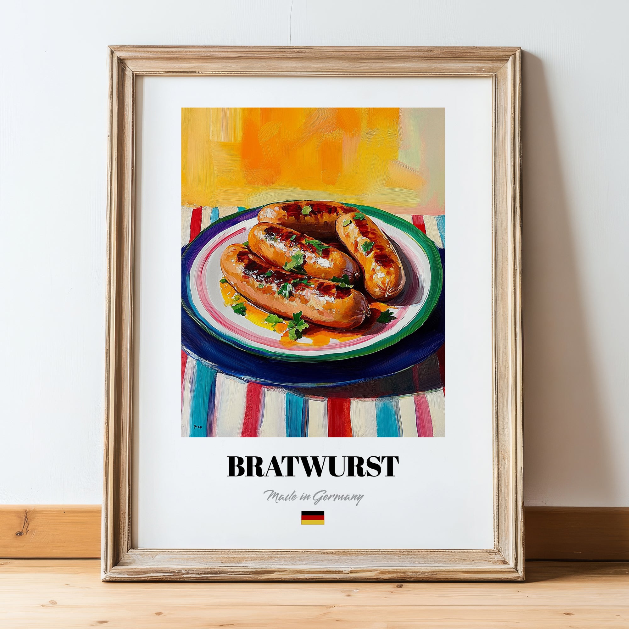 Bratwurst – Art, German Food Poster, in wooden frame leaning on the floor