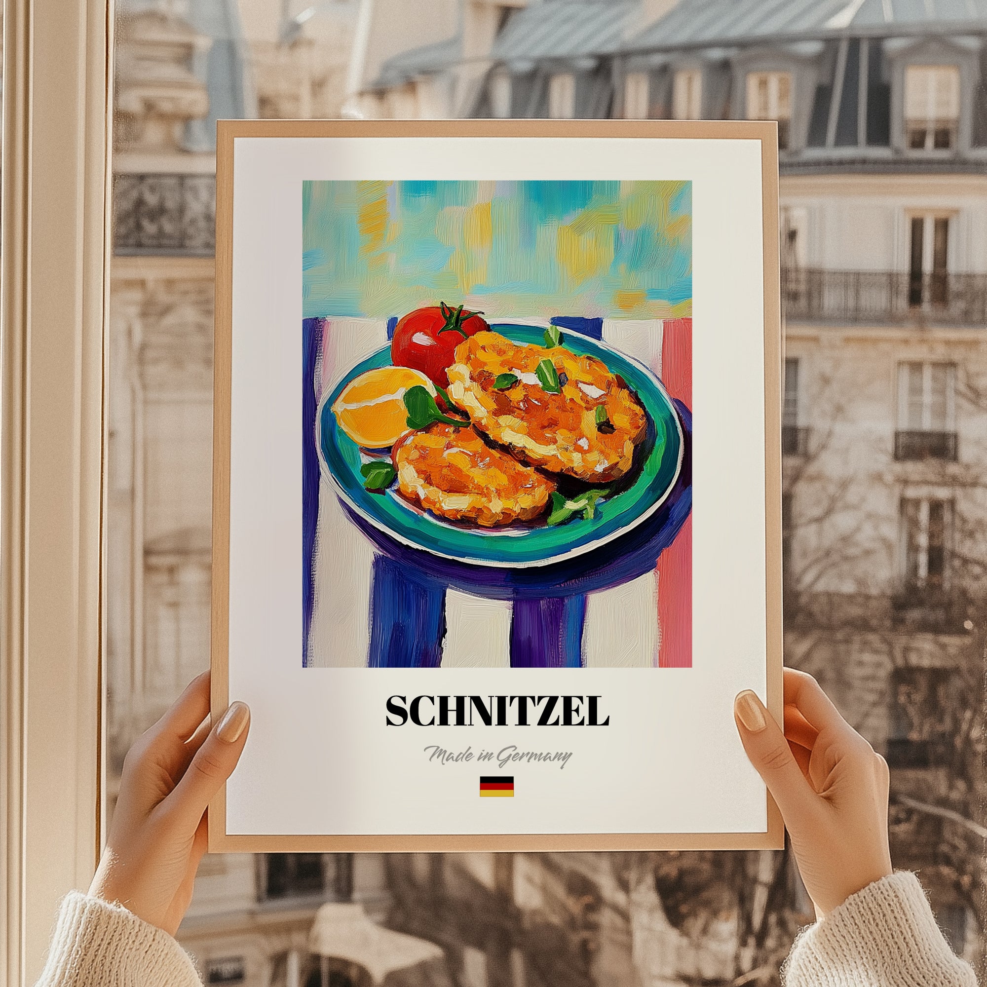 Schnitzel – Oil Painting, German Food Print, styled in a charming Paris street view