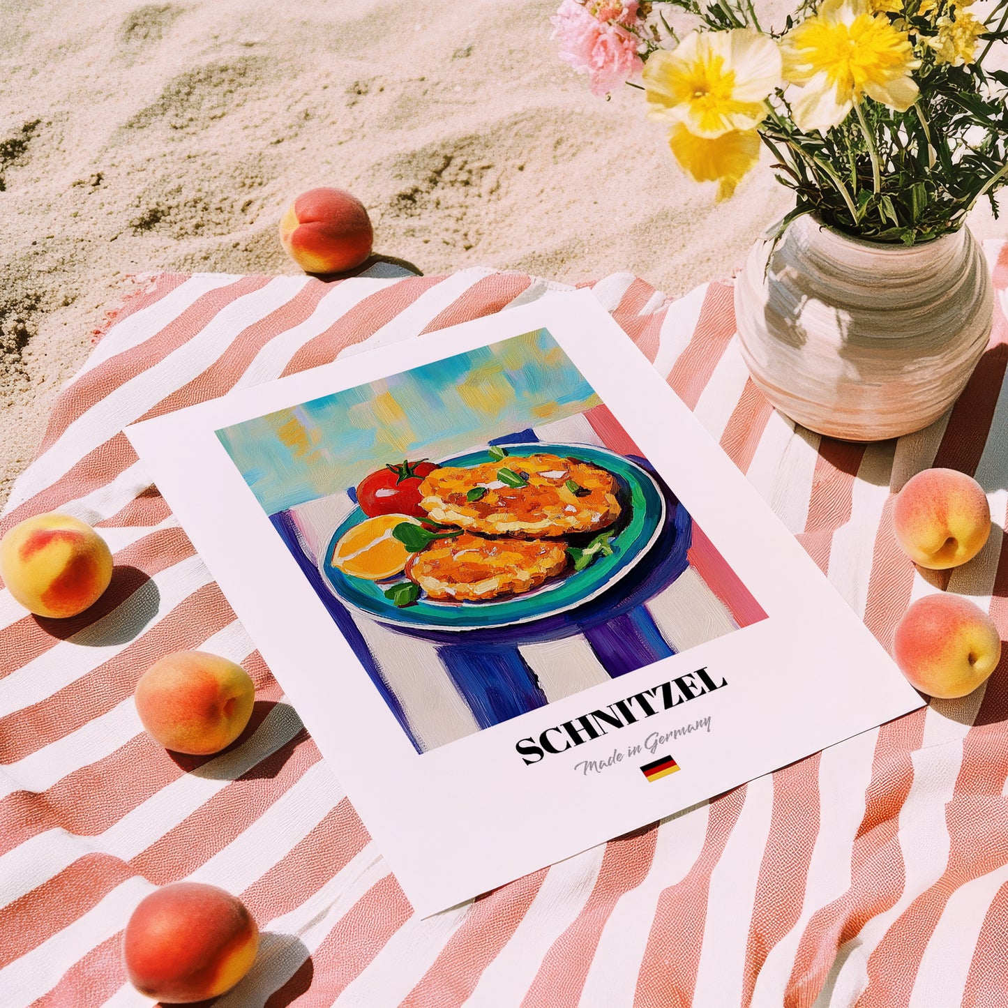 Schnitzel – Oil Painting, German Food Print, unframed on coastal sand