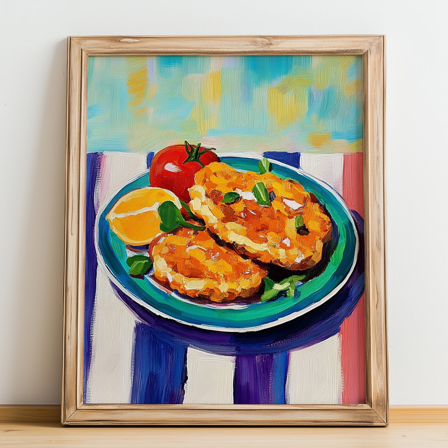 Schnitzel – Oil Painting, German Food Print, no-text version framed in wood