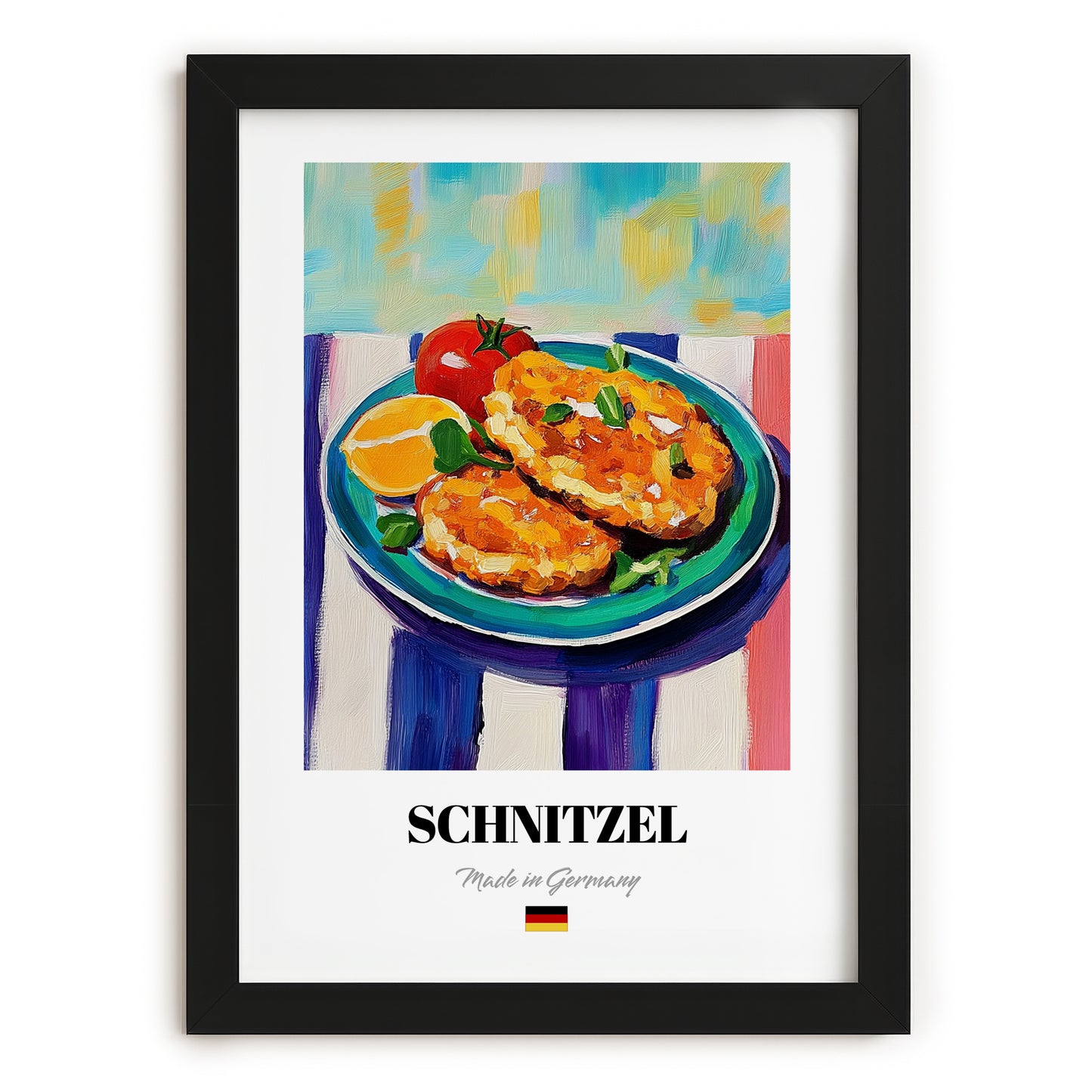 Schnitzel – Oil Painting, German Food Print, in sleek black frame