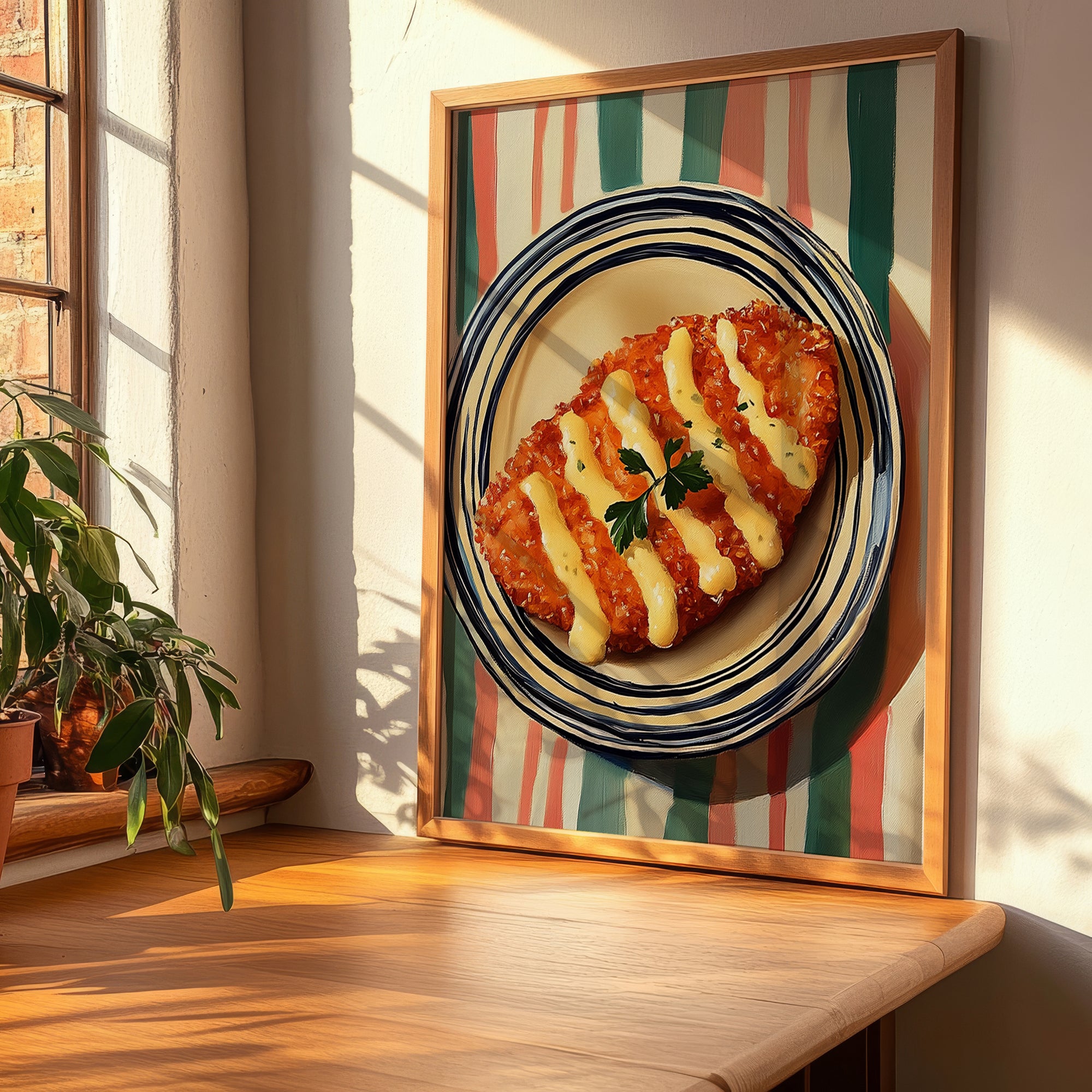 Schnitzel – on Striped Tablecloth, German Food Poster, clean layout with no caption